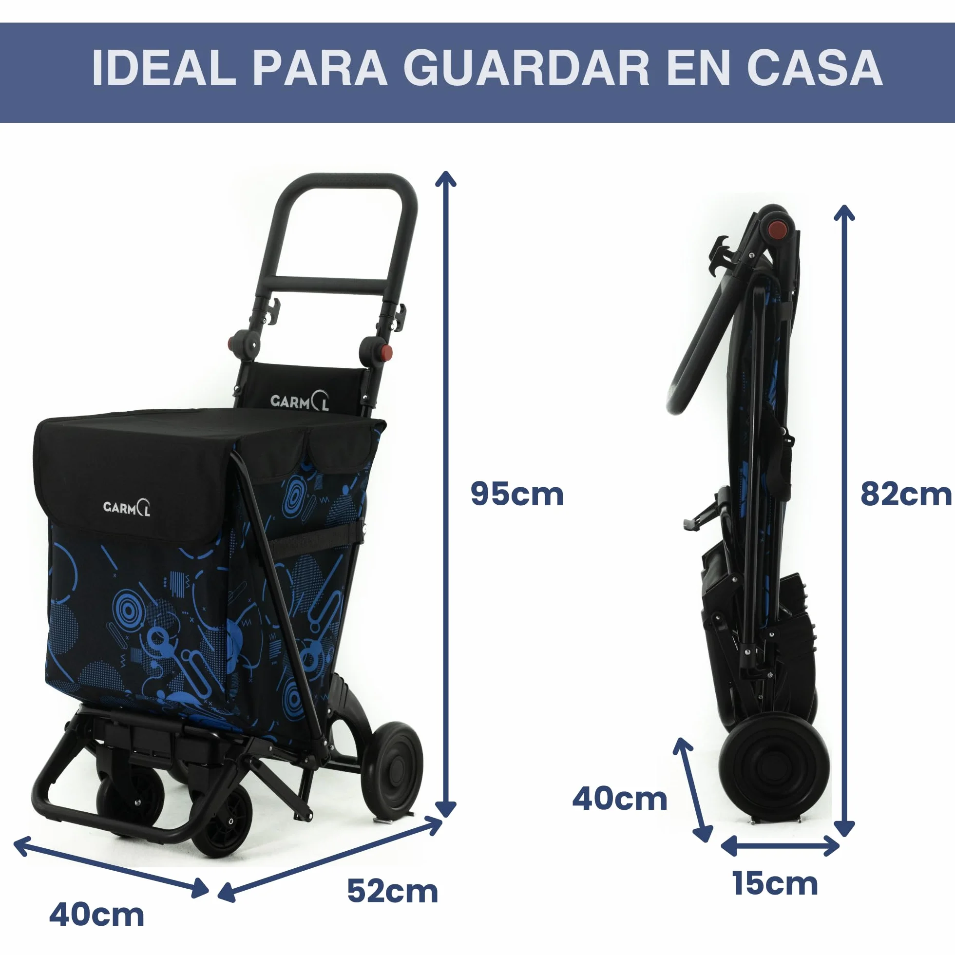 GARMOL Carro de la Compra Plegable 48 litros | Carro de la Compra 4 Ruedas Gran Capacidad | Carrito Compra 4 Ruedas Plegable Color Azul