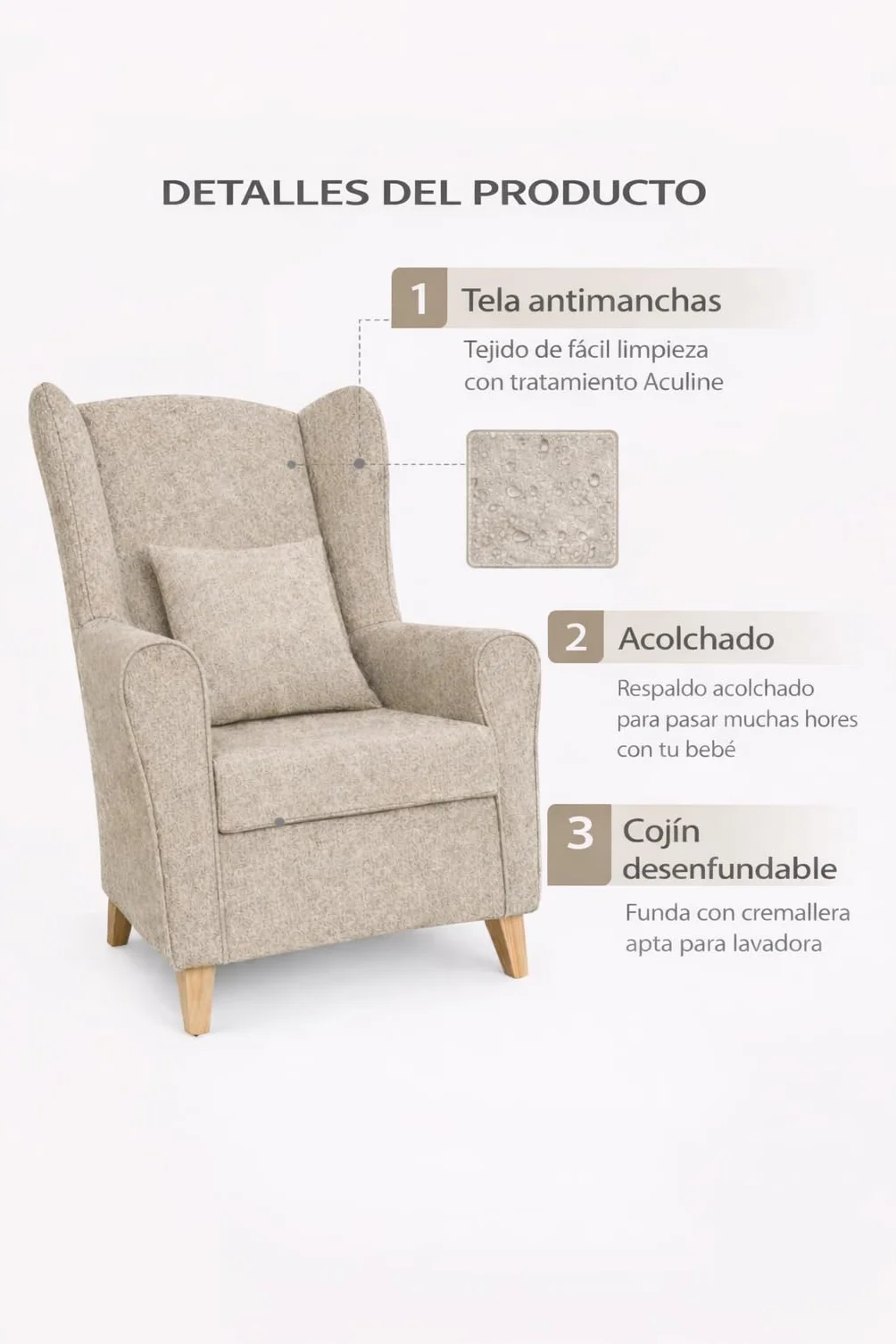Sillón Orejero para Salón y Dorrmitorio + Cojín Decorativo | Butaca Lectura | Sillones Orejeros con Tela Antimanchas | Fácil Limpieza y Diseño. (MARRÓN)