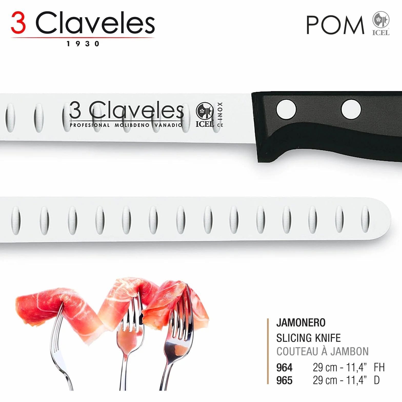 3 Claveles 00966 - Juego de cuchillos para rebanar de filo hueco y acero para afilar, 29 cm, Negro