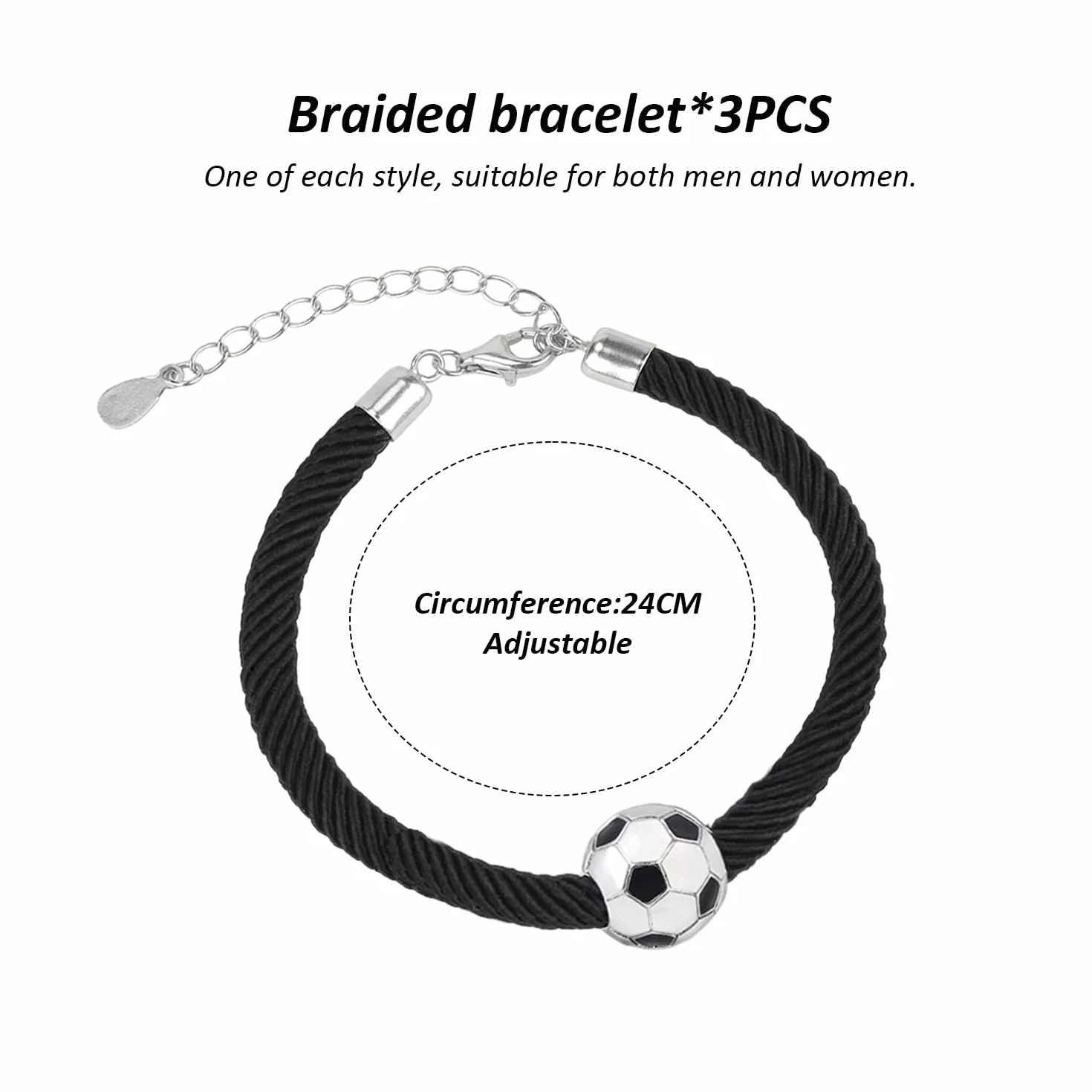 Juego de 3 pulseras trenzadas de moda para niños y niñas, ventilador de fútbol, pelota y barra ajustables de cobre