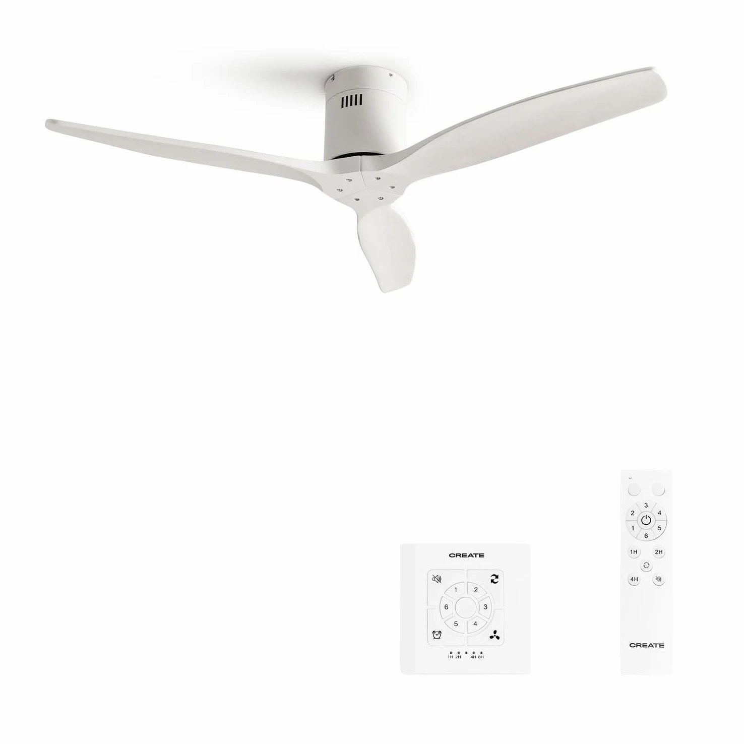 CREATE / WINDCALM/Ventilador de techo ABS blanco con controlador y mando / 40W, Silencioso, Ø132 cm, 6 velocidades, temporizador, función verano-invierno