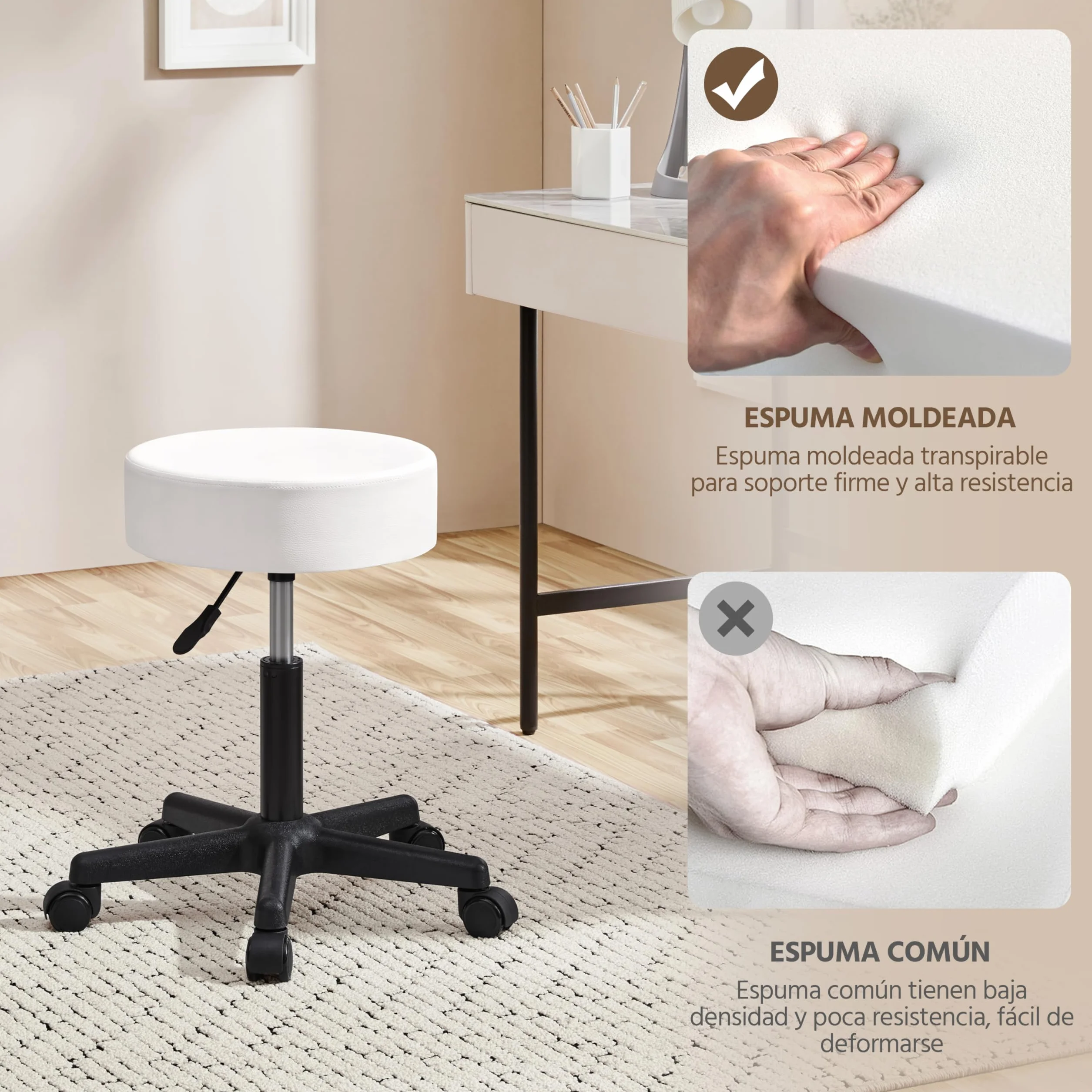 Yaheetech Taburete Giratorio sobre Ruedas, Taburete Rodante Regulable, 46-61.5 cm,Asiento Tapizado de Polipiel Sintético,para Hogar Oficina,Estudio,Tatuajes Salón,Masajes Centro,Belleza,Blanco