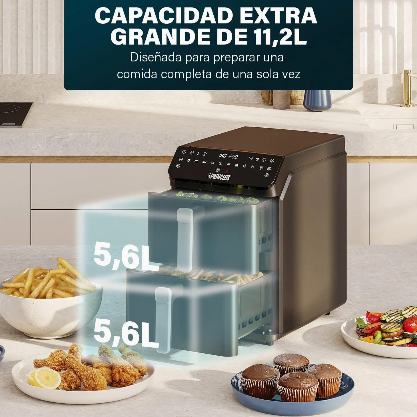 Princess Stack Freidora de Aire, Doble Freidora, 11,2 L, 3000 W, Diseño Vertical, Función Sincronizada, Revestimiento sin PFAS, Negro, 01.182278.01.001