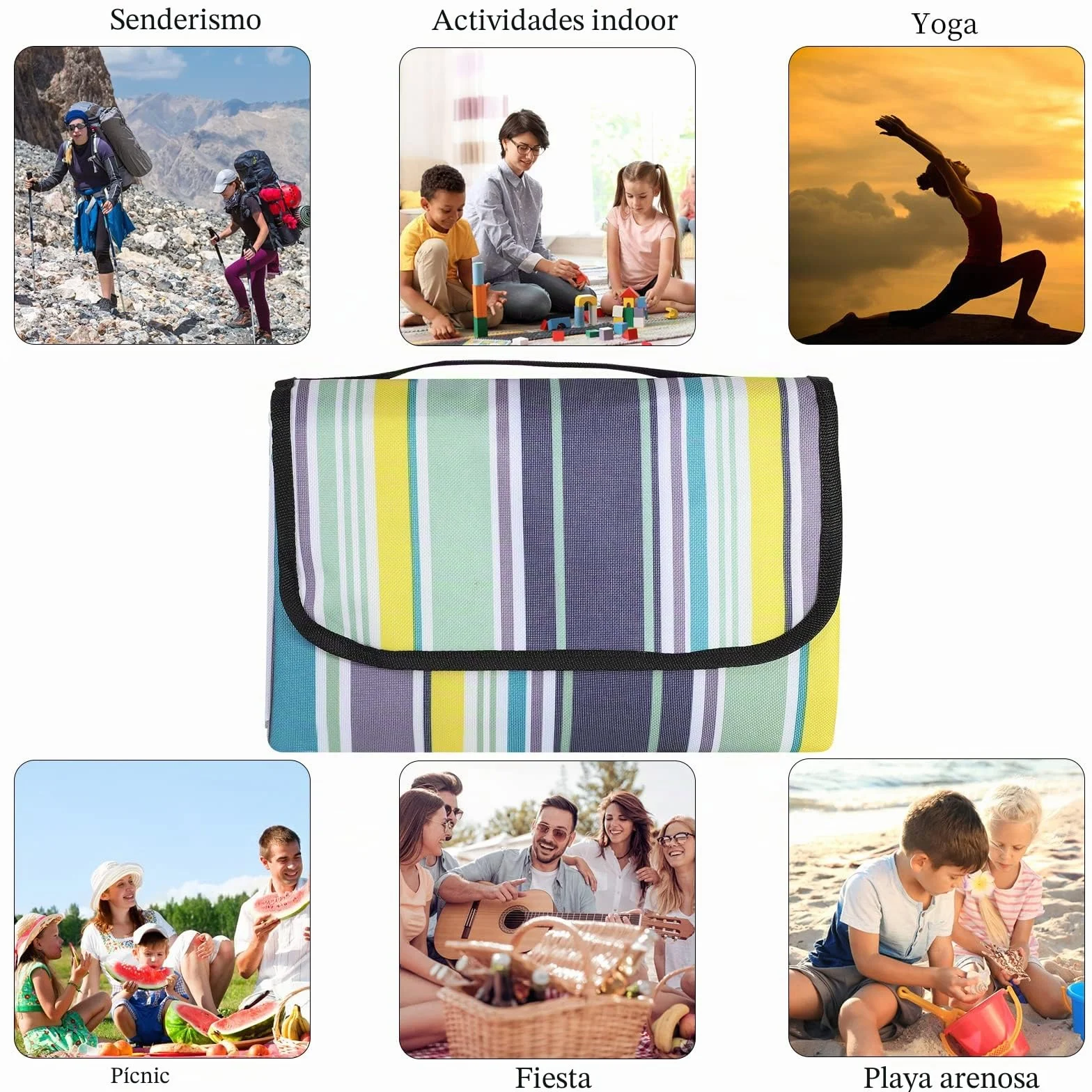 Manta para picnic impermeable 200x200 cm a rayas azules verticales con asa