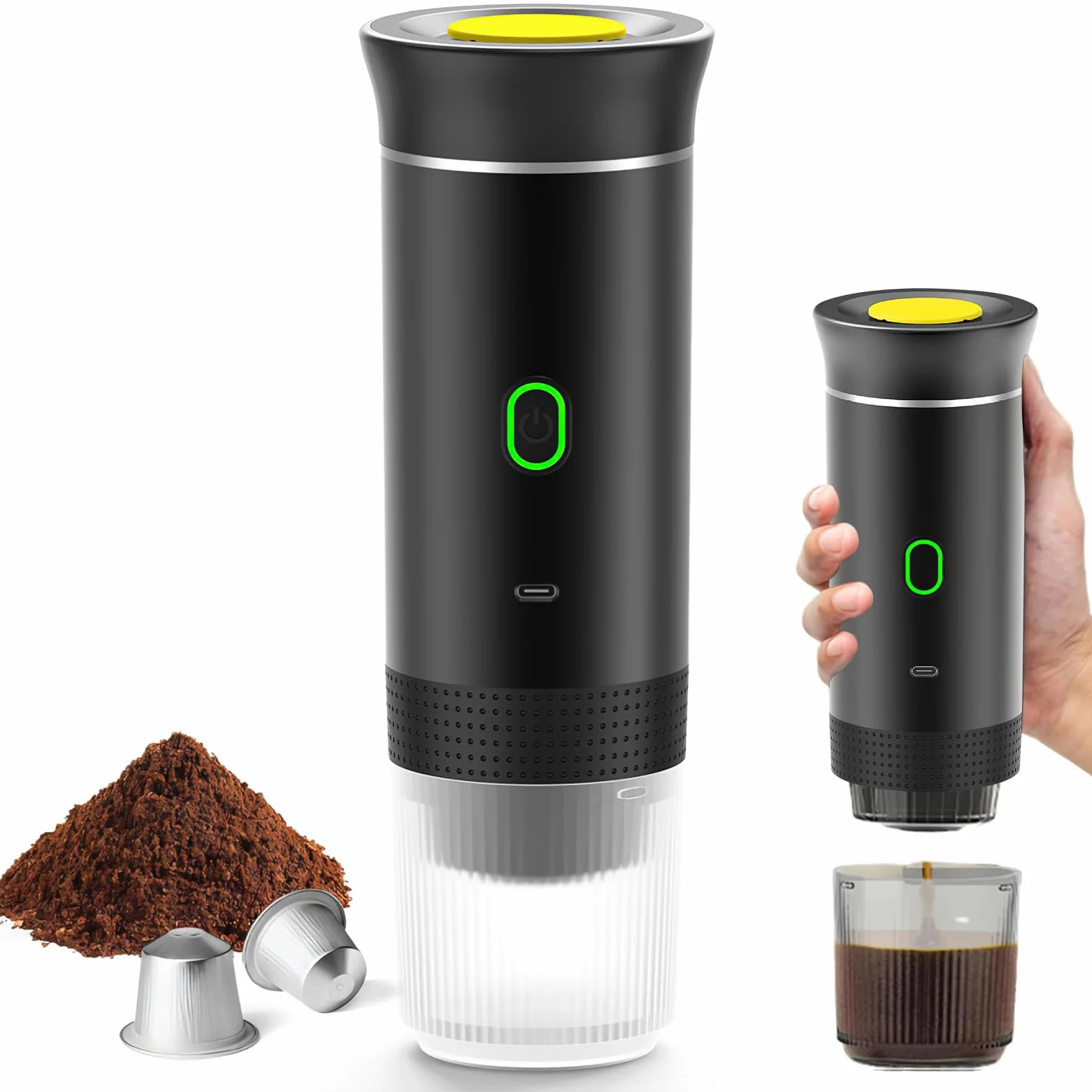 Kouamor Cafetera portátil, cafetera portátil, máquina de espresso, máquina de café eléctrica 3 en 1, cápsula grande, cápsula pequeña, café en polvo, para camping, caravana, oficina, hogar, coche
