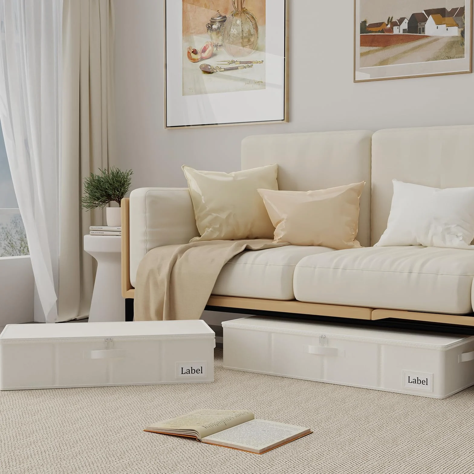 Yawinhe 2 piezas Bolsa de Almacenamiento Debajo de la Cama, Caja de Almacenaje Plegable Con Tapa con Cremallera y Manija, para Almacenar Ropa, Mantas, Almohadas, 60x30x15cm, Beige
