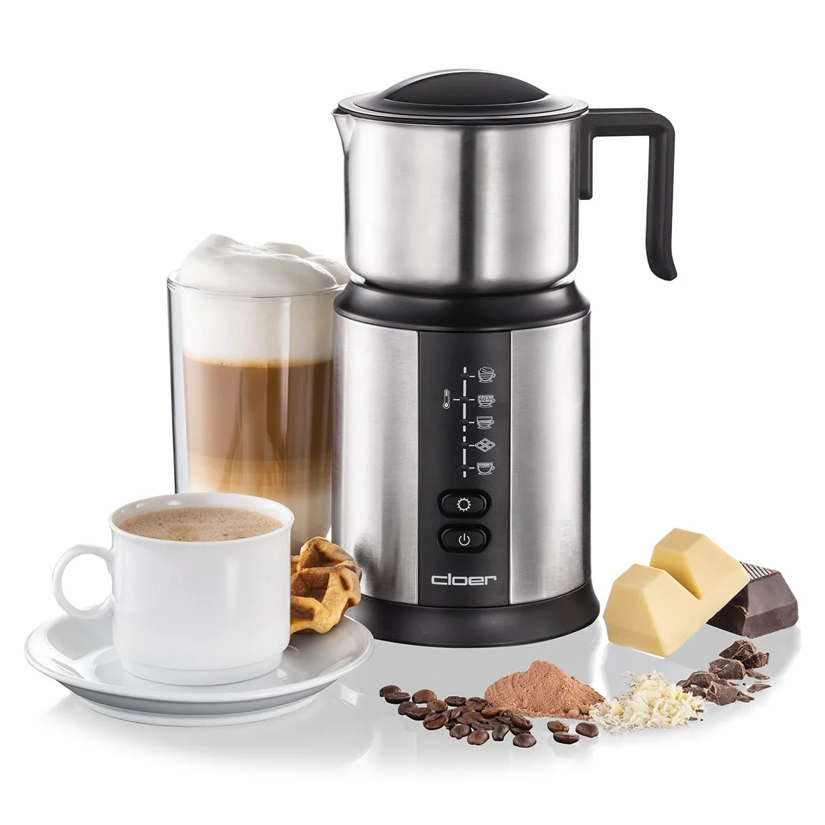 Cloer 7789 Espumador de leche de inducción XL800, espuma de leche 600 ml, chocolate caliente 500 ml, recipiente de 800 ml, control electrónico, 500W, bobina espumante magnetica