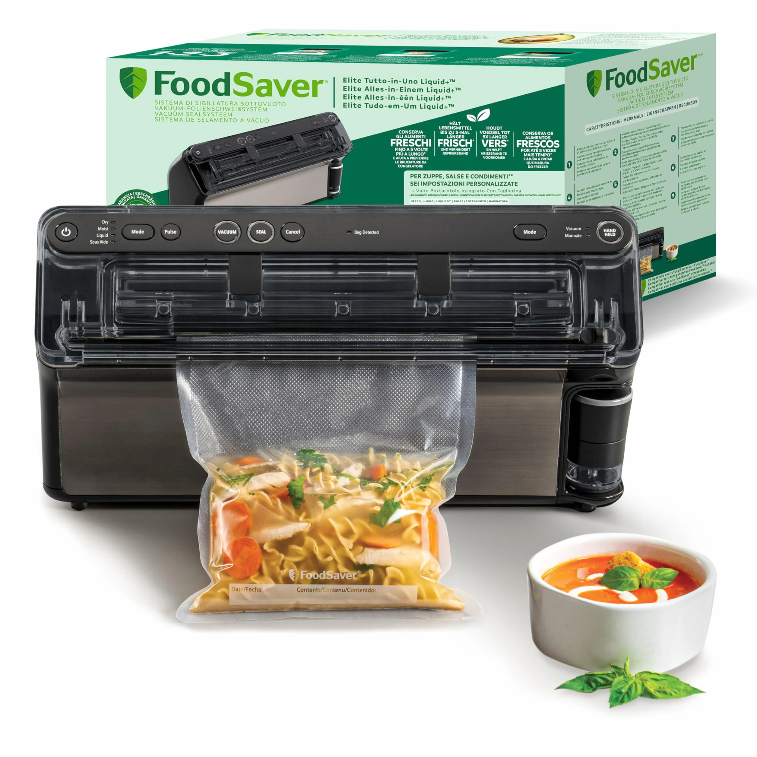 FoodSaver Envasadora al vacío Elite All-in-One Liquid+ | Alimentos hasta 5 veces más frescos* | Sellado de líquidos | Con 1 rollo (28 cm x 2,43 m) y 4 bolsas para envasar al vacío (0,94 L y 3,78 L)