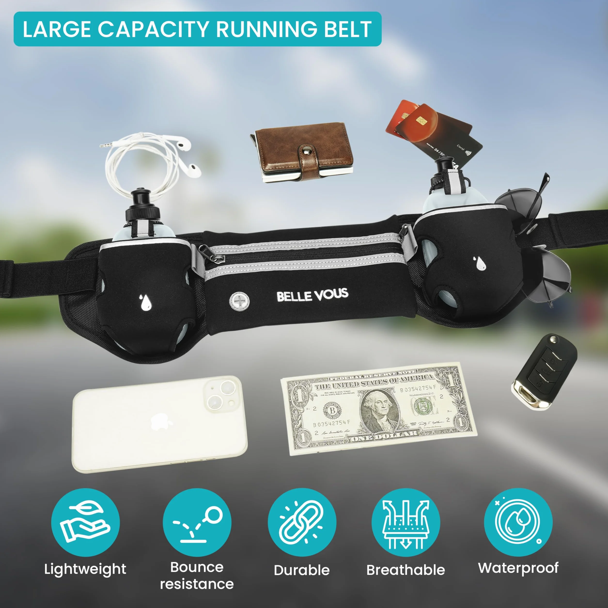 Cinturón ajustable para correr con riñonera y 2 botellas de agua 300 ml