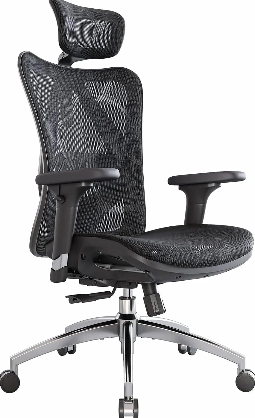 SIHOO Silla de Oficina ergonómica, Respaldo Alto, Asiento Trasero de Malla, Transpirable, reposabrazos 3D Ajustable y Soporte Lumbar, Base de Metal (Negro)