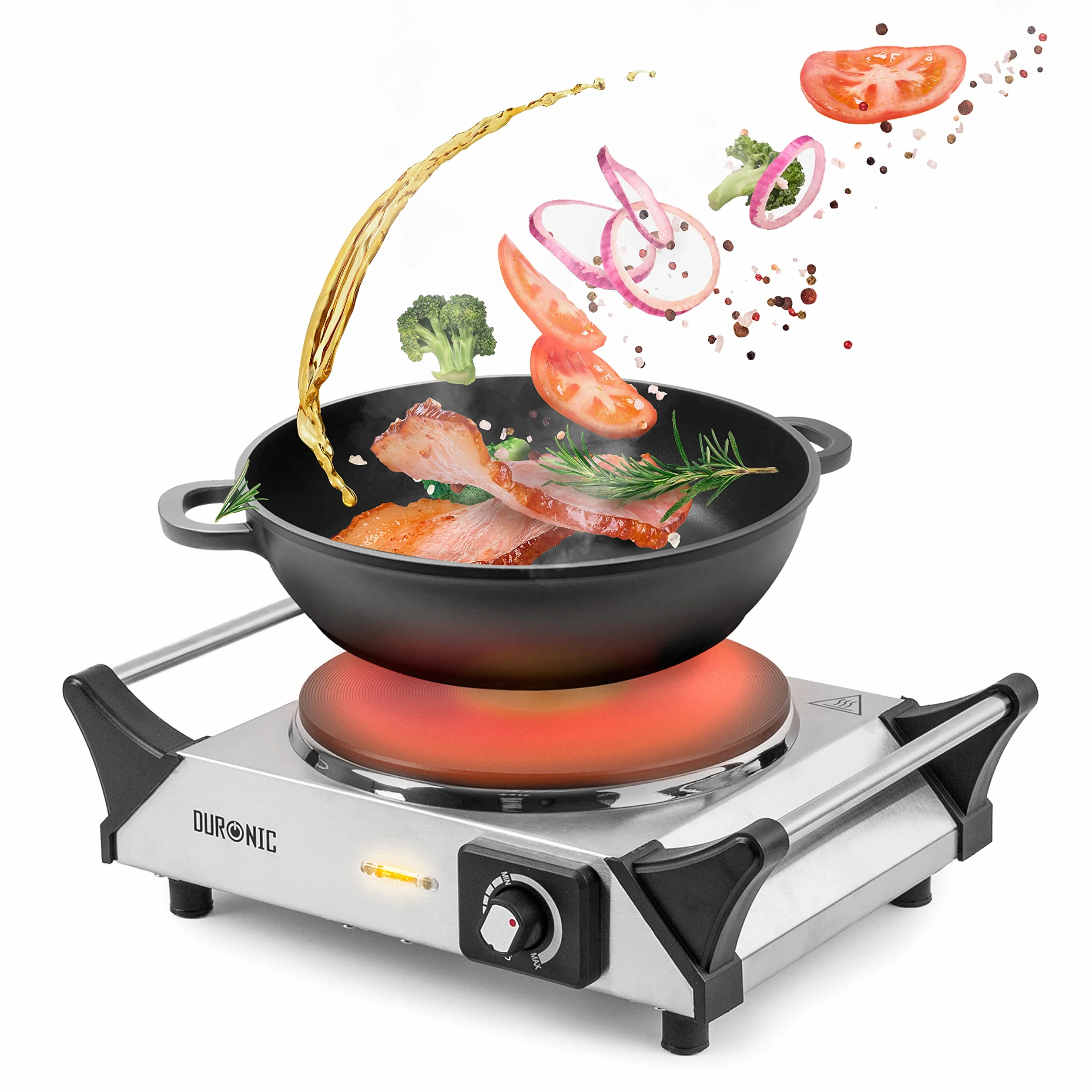 Duronic HP1 SS Hornillo eléctrico Portátil 1500W diámetro 187mm y Termostato Regulable | Placa de Cocción Eléctrica de Acero Inoxidable con Asas Calientaplatos | Ideal para camping