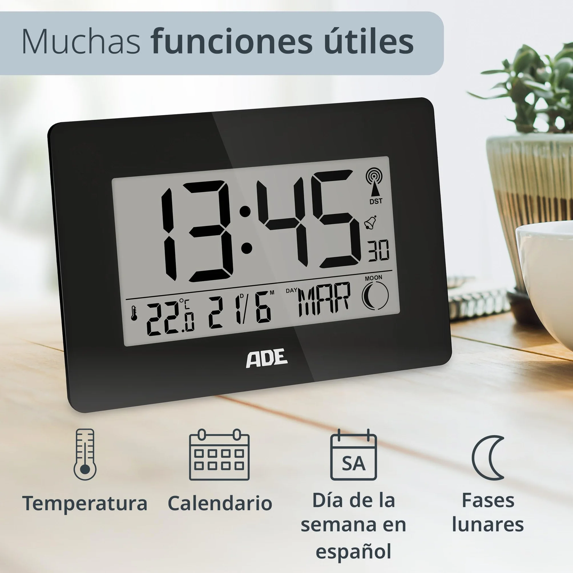 ADE Reloj Digital Grande radiocontrolado con dígitos XXL | Reloj de sobremesa y de Pared con Calendario | con termómetro | Despertador radiocontrolado a Pilas | Negro