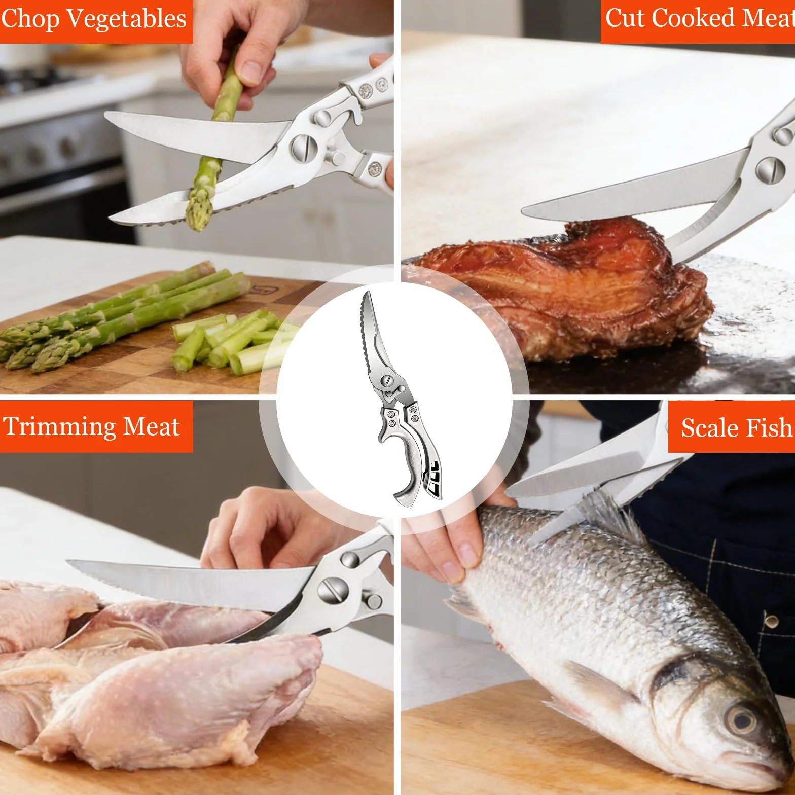 Tijeras Cocina de Acero Inoxidable, Tijeras para Aves de Corral, Tijeras para Pollo Arcos, para Huesos, para Carne, Pescado, Huesos y Verdurascon Cierre de Seguridad y Mecanismo de Resorte