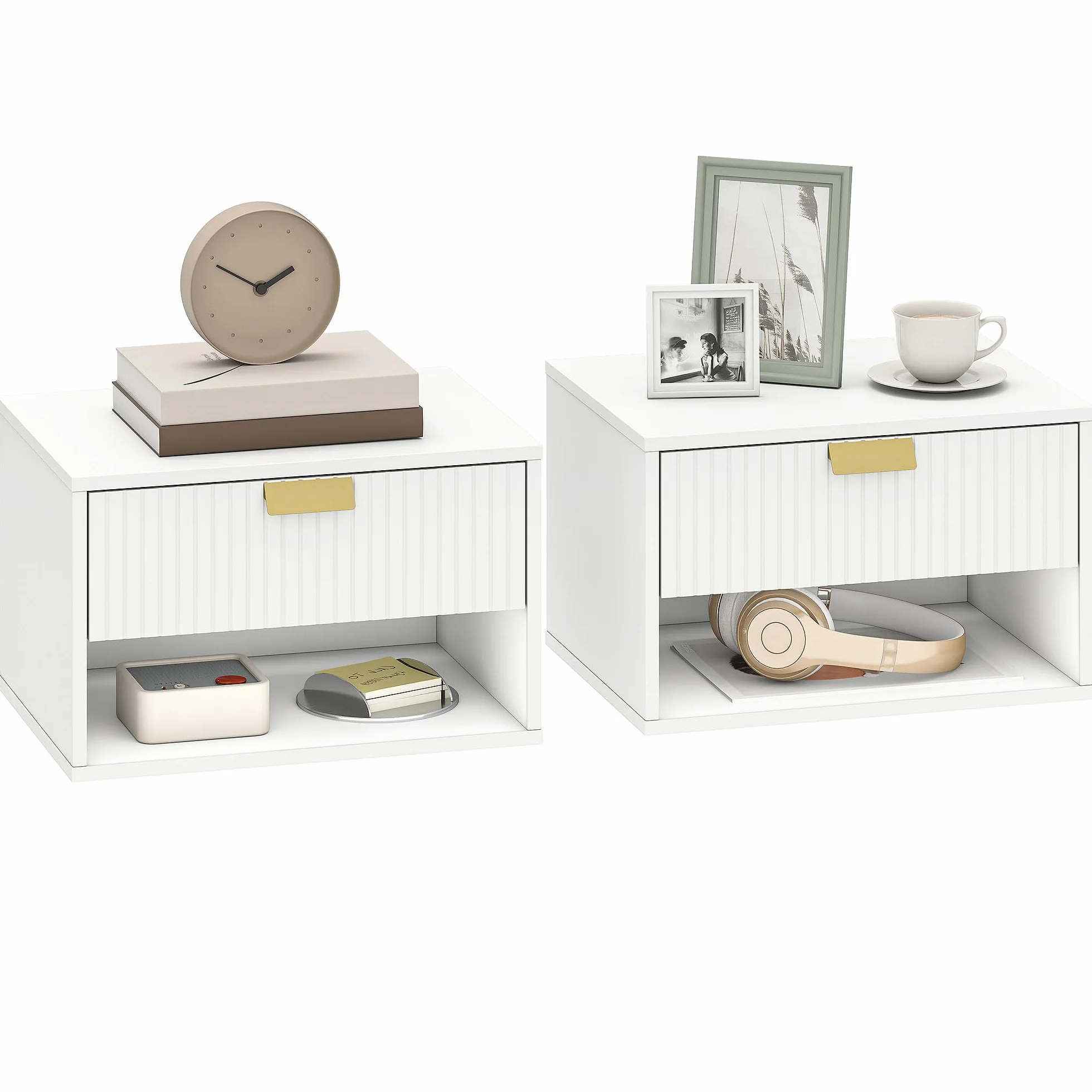 HOMCOM Juego de 2 Mesitas de Noche Flotantes con Cajón 40x30x25 cm Blanco | Mesillas de Noche, Frente Ondulado, Estante Abierto, Diseño Moderno, para Dormitorio