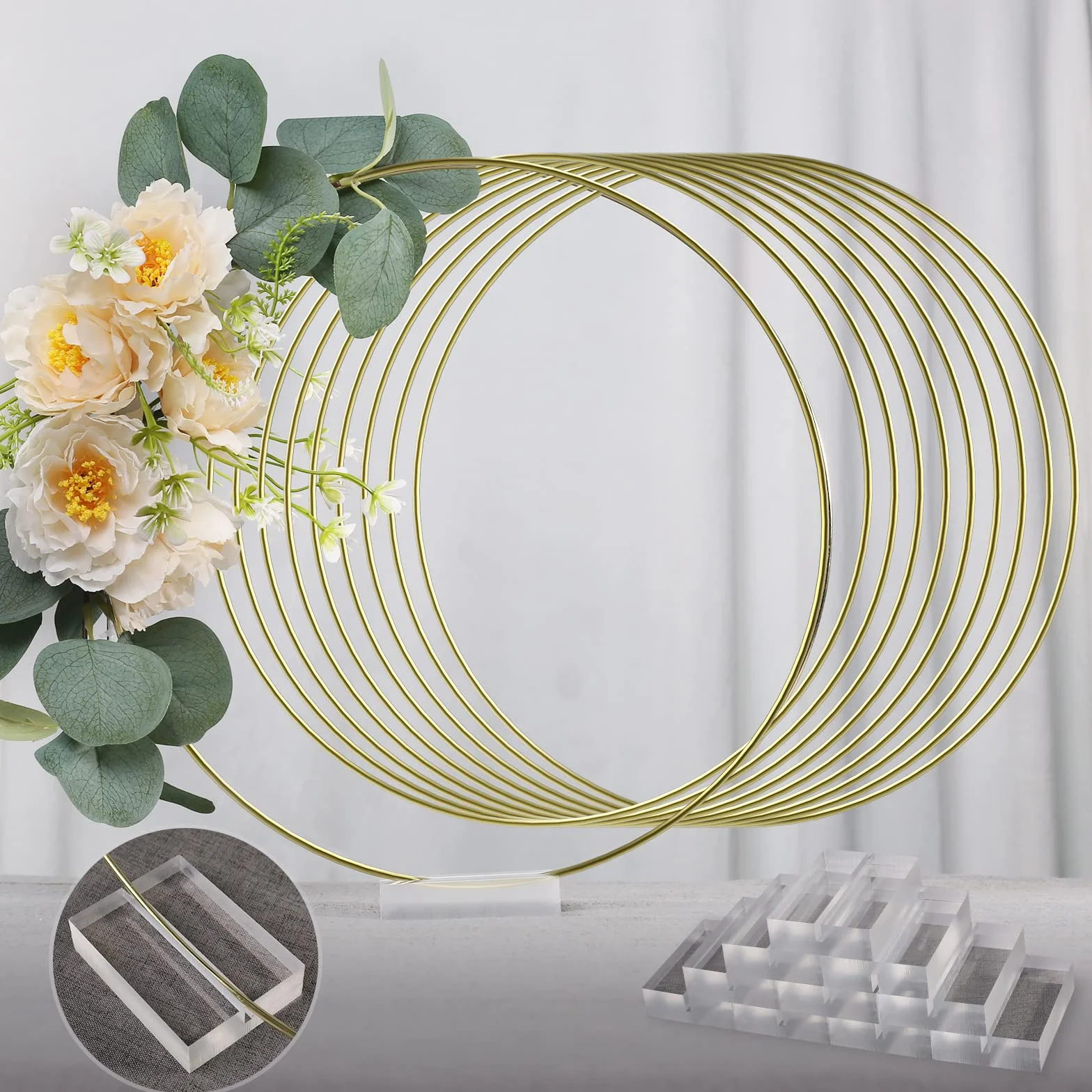 YALLOVE 10 Piezas Metal Aros Floral Anillos 30cm Anillo Metalicos Dorado con Base Acrílica Centros de Mesa para Decoración Bodas Fiestas Banquetes Eventos DIY