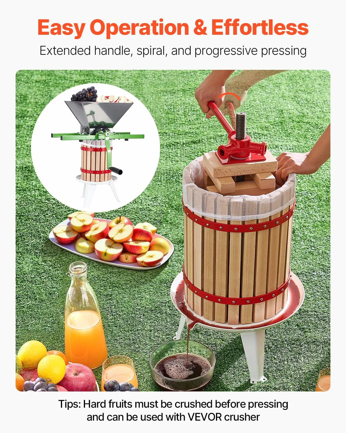 VEVOR Prensa de Vino de Frutas 18 L, Cesta de Madera Maciza con 8 Bloques, para Hacer Sidra, Manzana, Tintura, Miel, Aceite de Oliva con Mango para Cocina, Hogar, 640 x 370 x 705 mm, Vertical