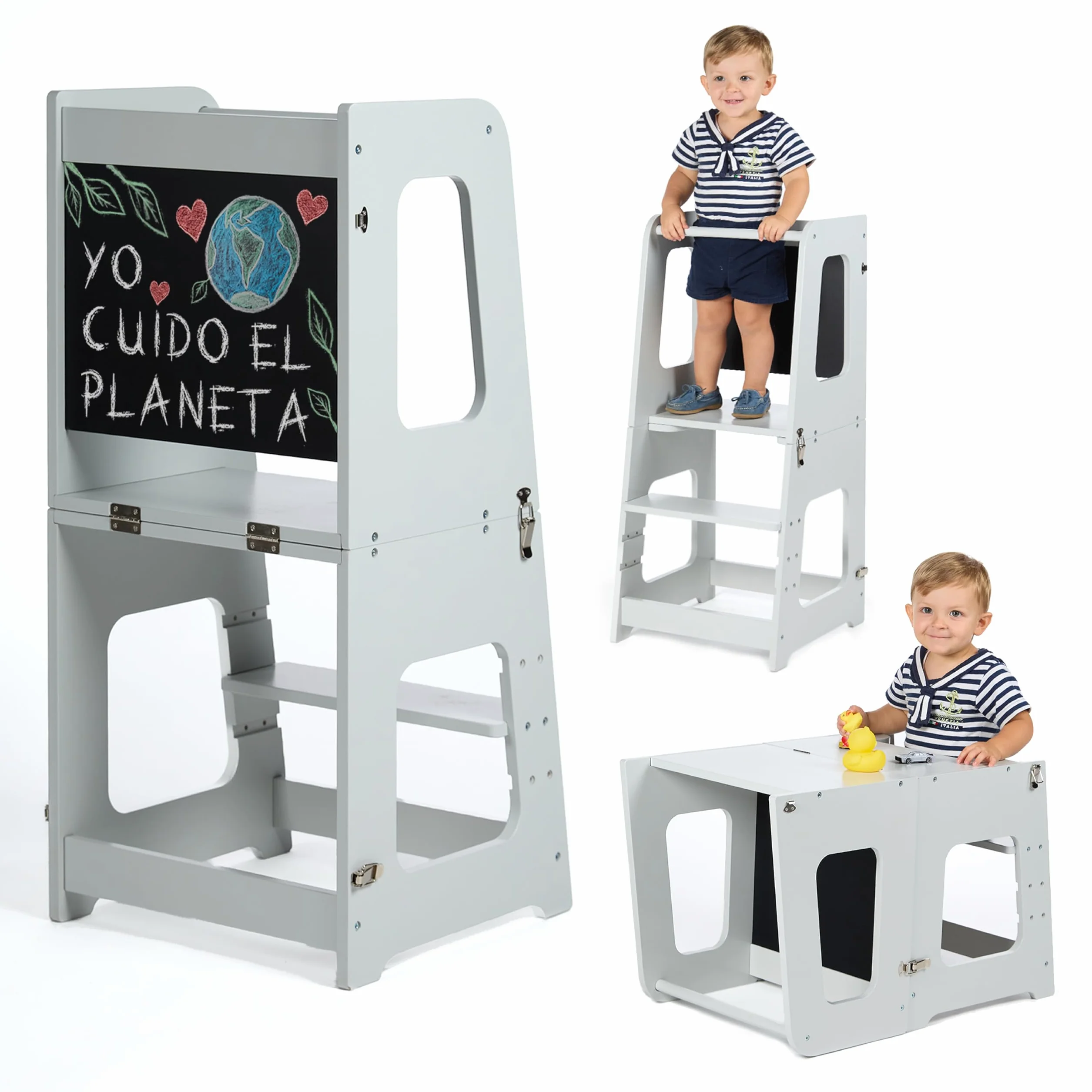 Torre de Aprendizaje Plegable Madera Premium 3 en 1 Convertible Mesa y Silla Escalón Ajustable Gris Perla