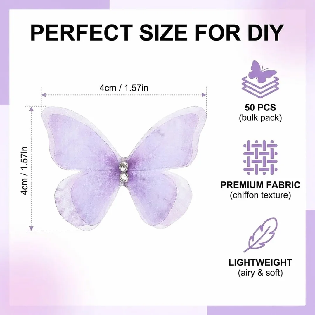 Mariposas 3D, 50 piezas de organza de tela de gasa translúcida, para bricolaje, álbumes de recortes, equipaje, ventana, habitación, adhesivo pared, pinza de pelo decoración