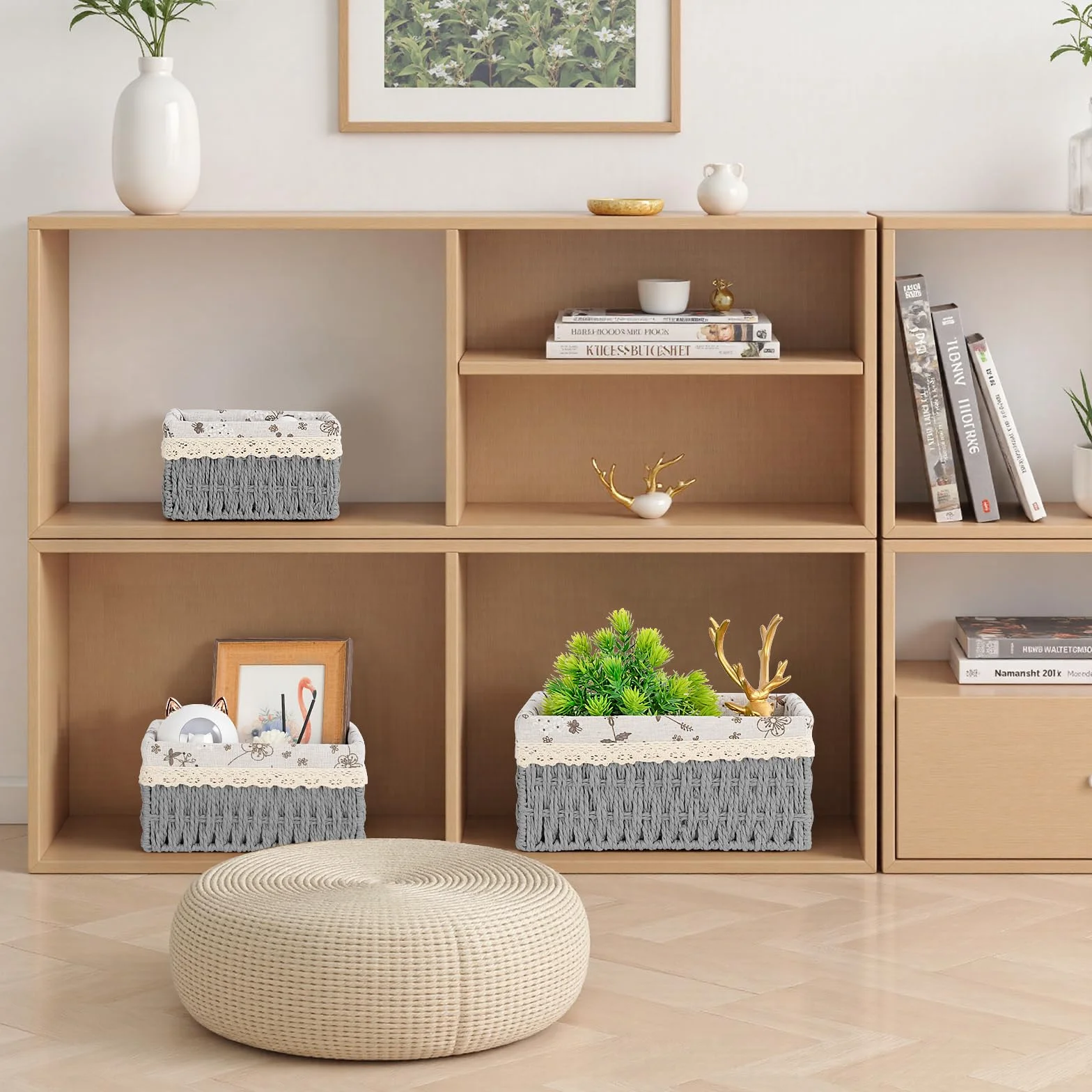 Cestas Almacenaje Juego de 3 Mimbre Trenzado Tejido Reciclable para Baño Cocina Hogar (Gris)