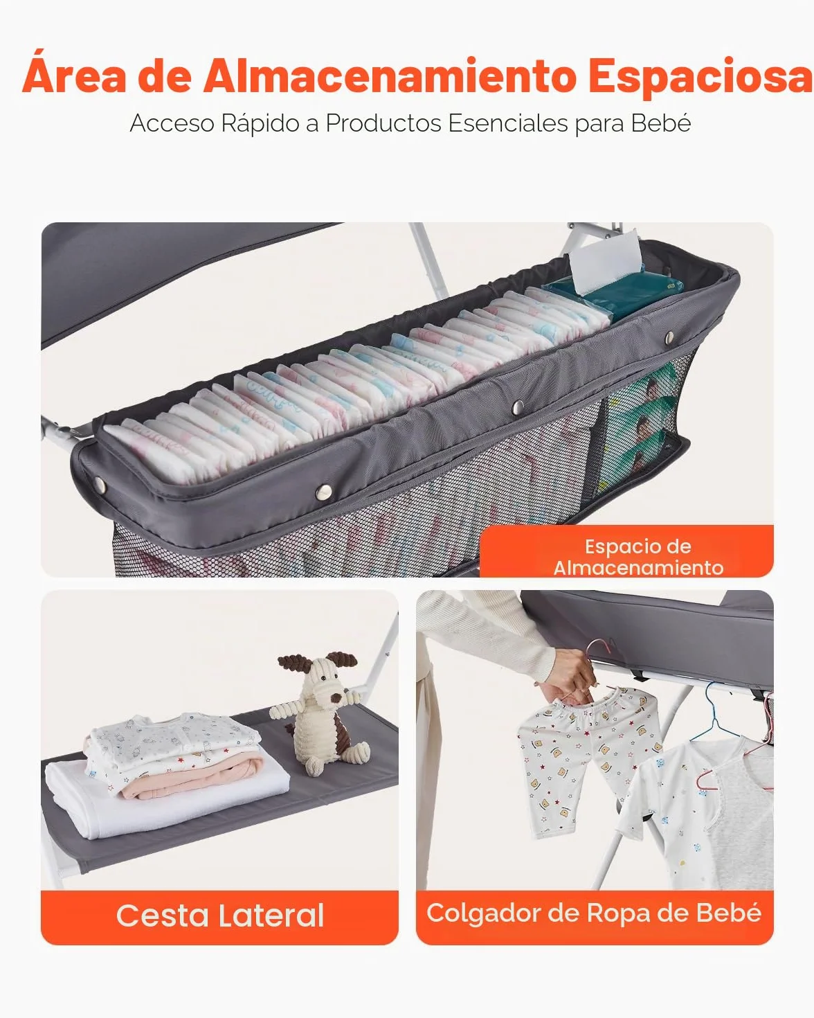 VEVOR Cambiador para Bebé Plegable Portátil 848 x 745 x (1030-1090) mm con Cesta Lateral Ruedas Bloqueables Gris Oscuro