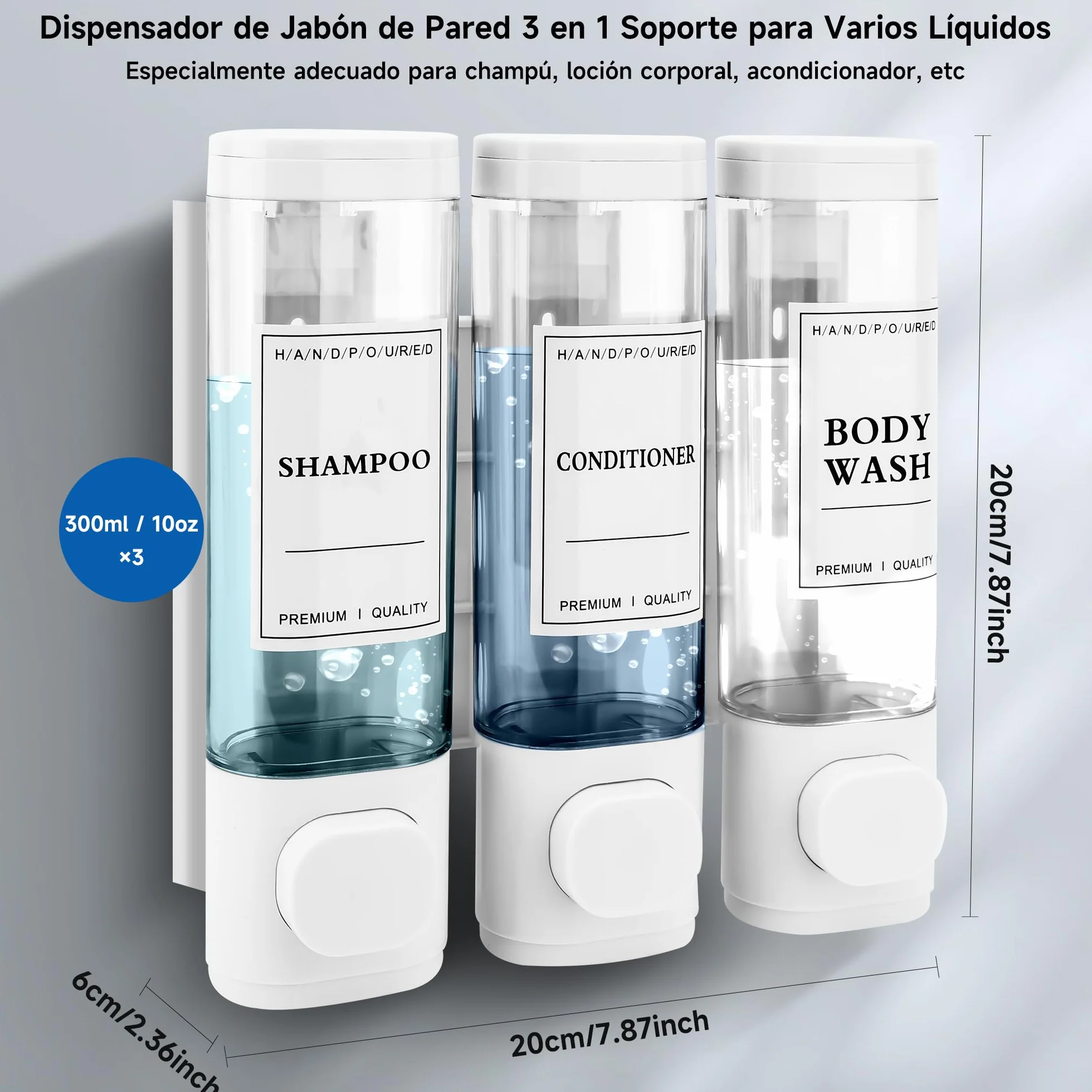 Dispensador de jabón para Montaje en Pared, dispensador de jabón líquido, dispensador de jabón de Mano, Gel de Ducha, detergente para Hotel, hogar (Blanco)