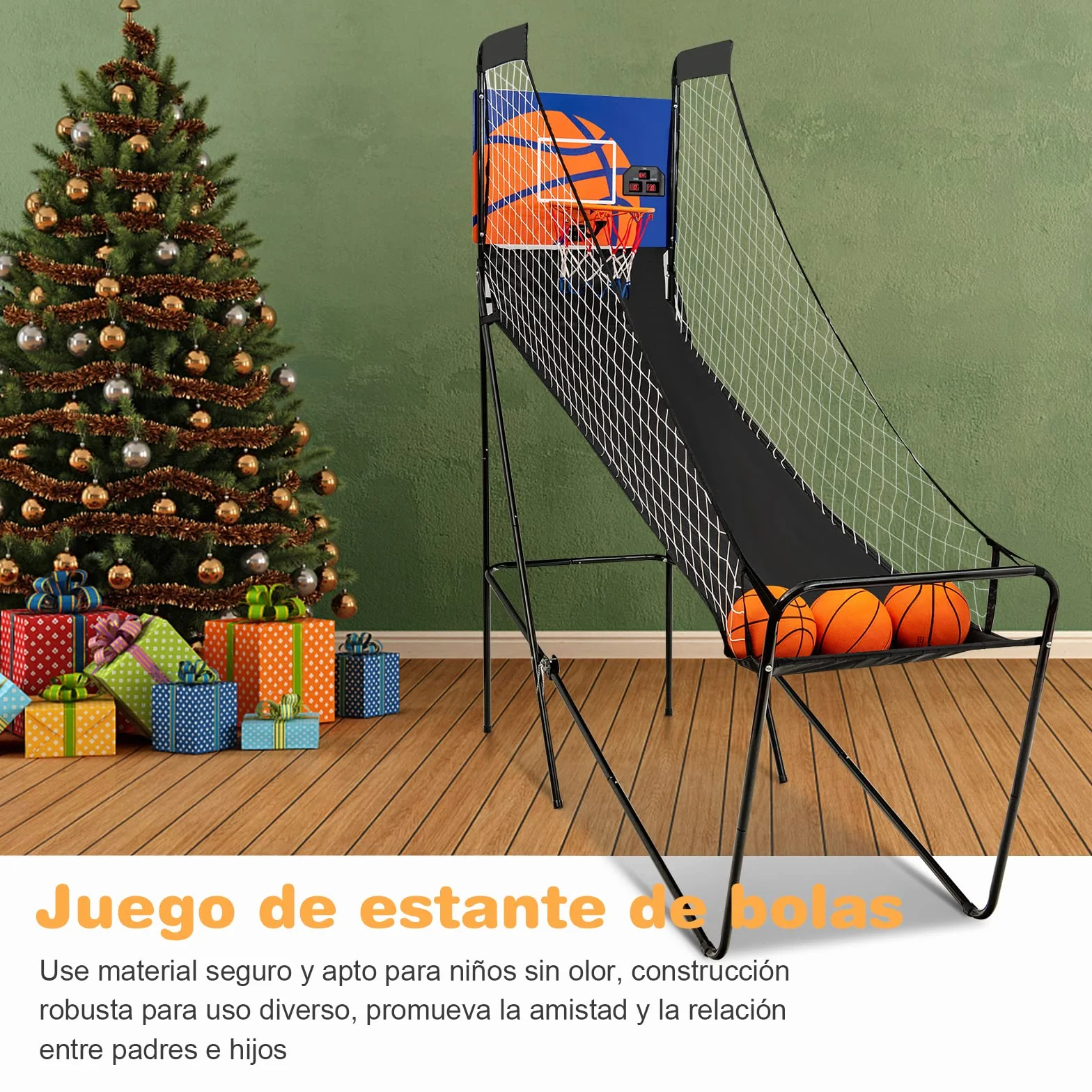 COSTWAY Juego de Canastas de Baloncesto Portátil Plegable con Marcador Electrónico y Compresor, 3 Pelotas, 208 x 62 x 207 cm