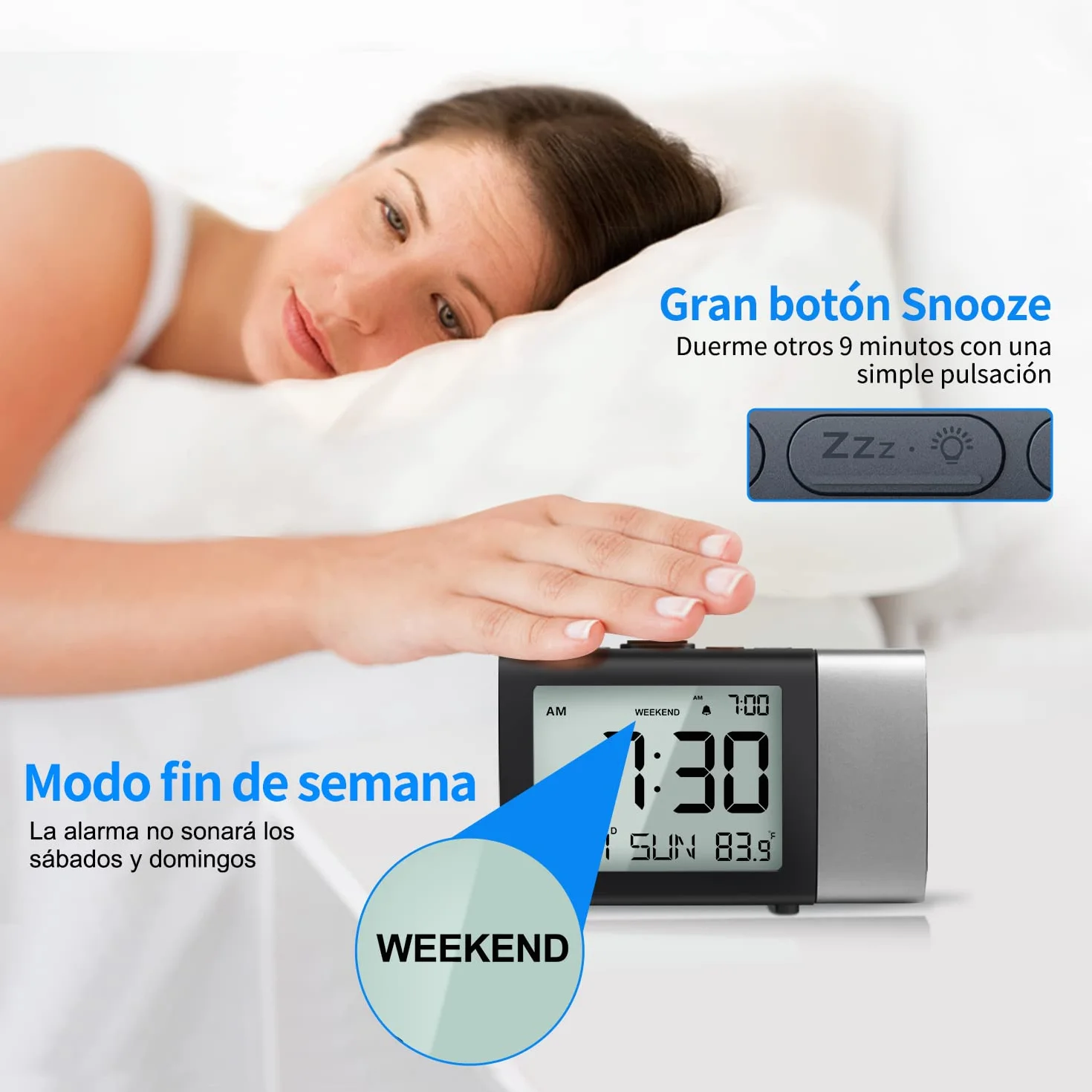 Reloj despertador de proyección digital: Pantalla LCD clara con temperatura fecha 12/24H y modo fin de semana, brillo y volumen ajustables, Reloj a pilas para niños ancianos dormitorio (Rojo)