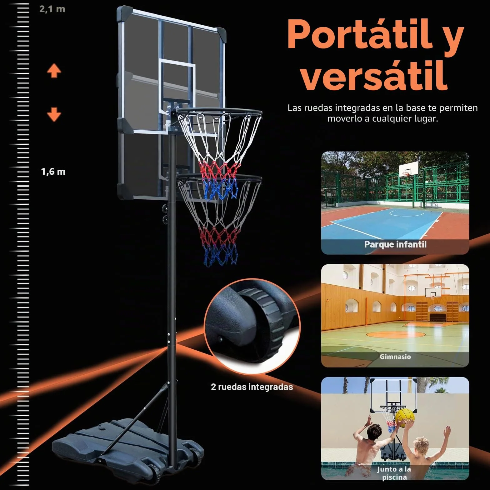 HIONRE Canasta de baloncesto portátil 7 pies tablero trasero transparente altura ajustable 165-213cm negro