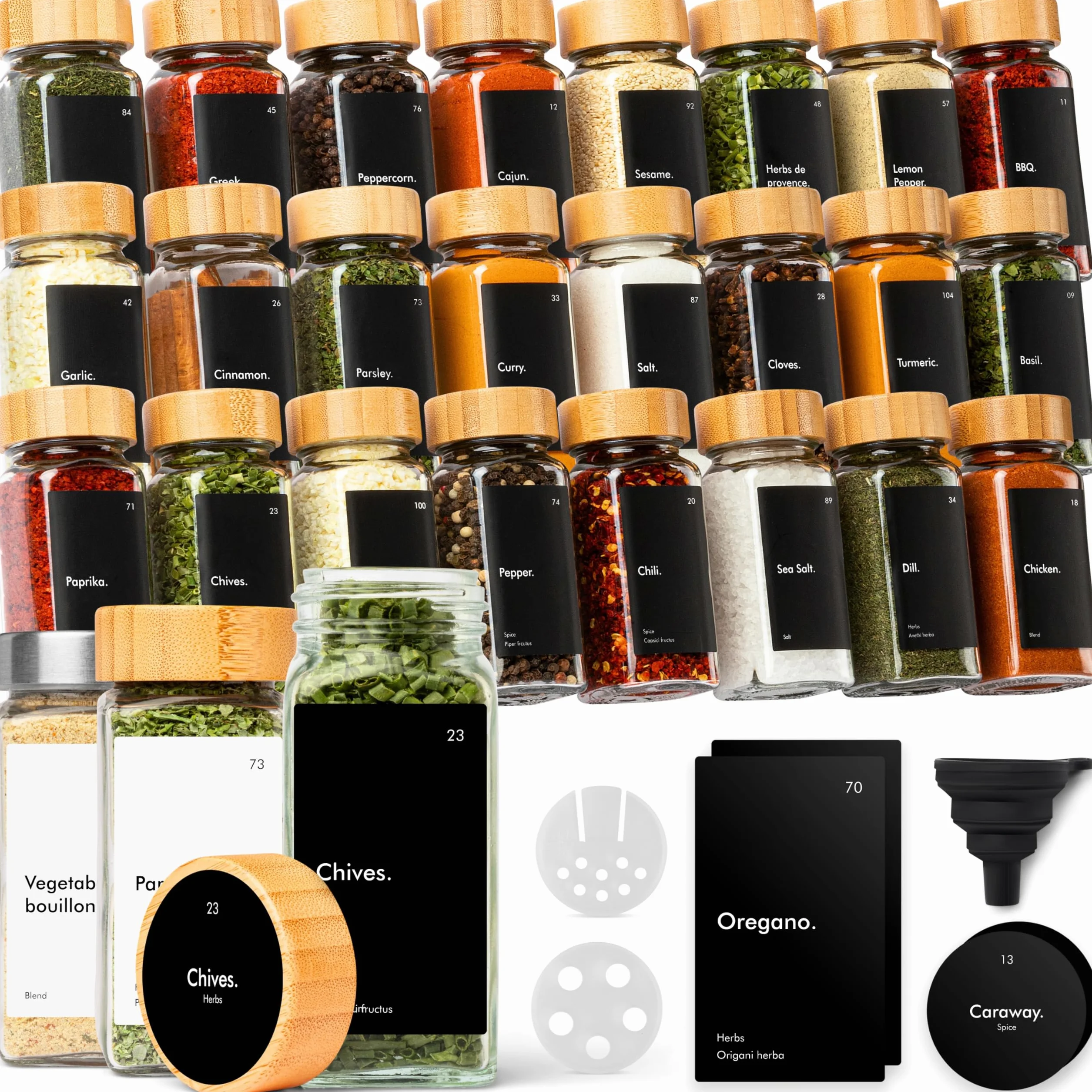 KIVY - Tarros herméticos cuadrados para especias (24 x 120 ml) con tapa de bambú negro (24 x 120 ml) + 240 etiquetas impermeables