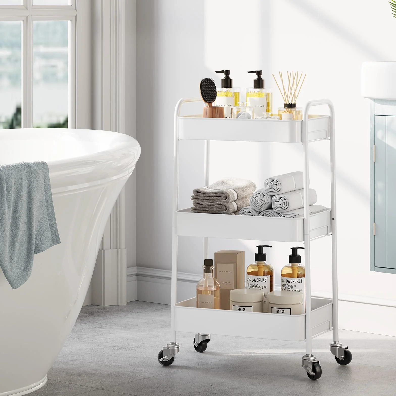 KINGRACK Carro de cocina, carrito con ruedas de 3 niveles, de metal, con asas de ruedas, carrito de estantería para oficina, salón, carrito multiusos para cocina, baño, cosméticos, sin tornillo, fácil