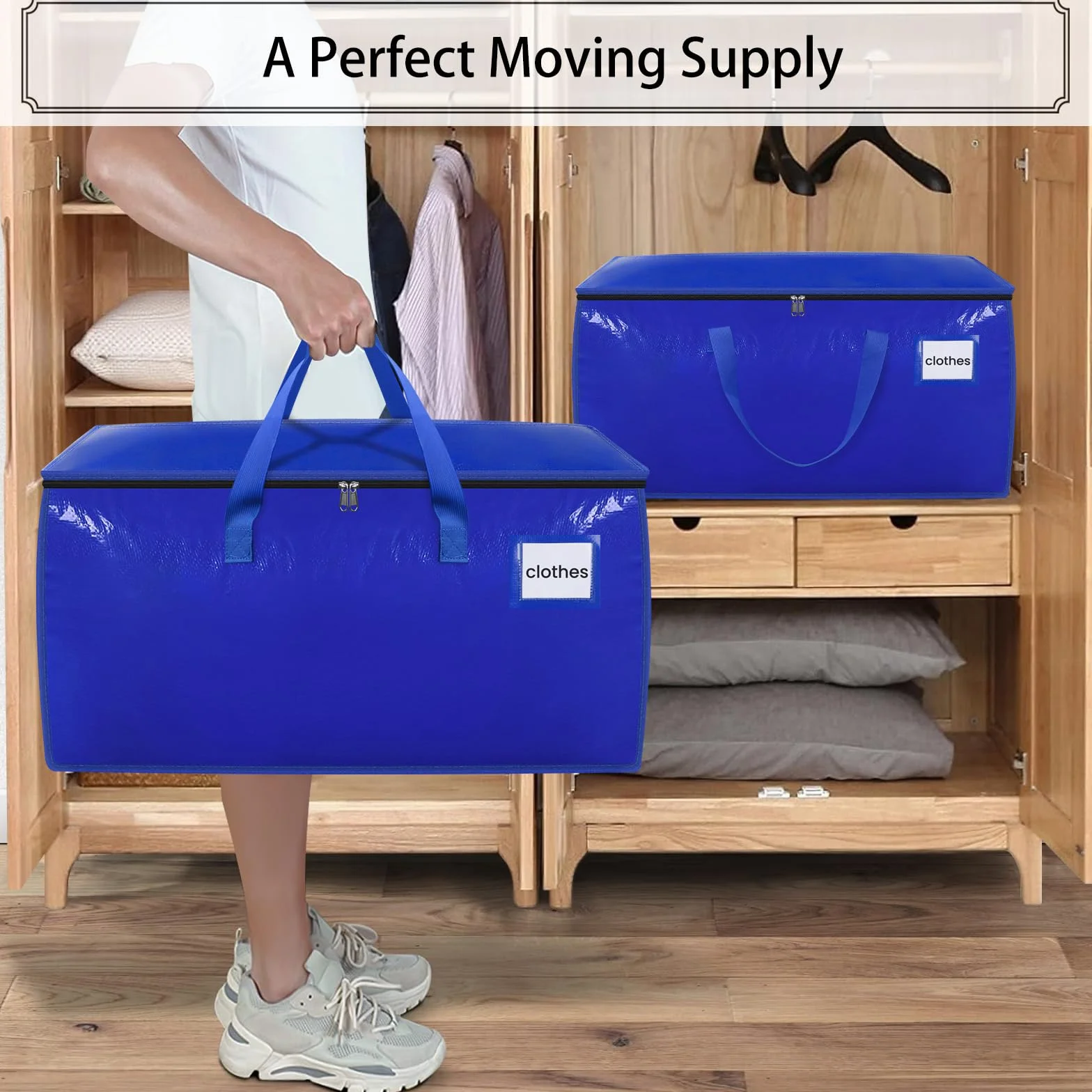 Withosent 100L Grande Bolsa de Almacenamiento, 10 Piezas Impermeable Bolsas de Mudanza con Cremallera y Asa, Bolsas para Guardar Ropa Edredones, Alternativa a las Cajas de Mudanza, Azul