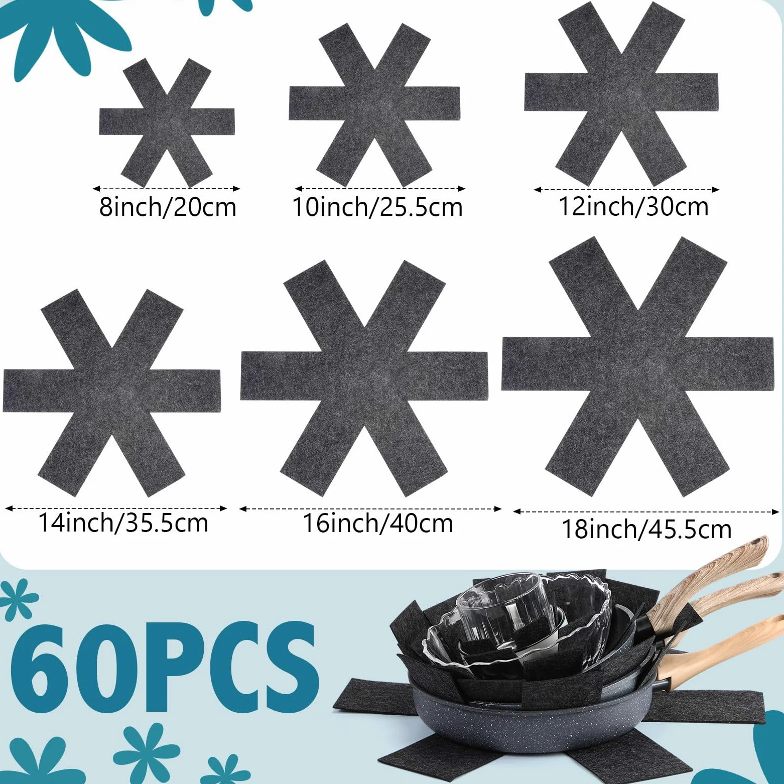 Queekay 60 protectores de ollas y sartenes, 6 tamaños diferentes, protectores de utensilios de cocina, separadores de ollas, almohadillas separadoras apilables para proteger y separar sartenes (negro)