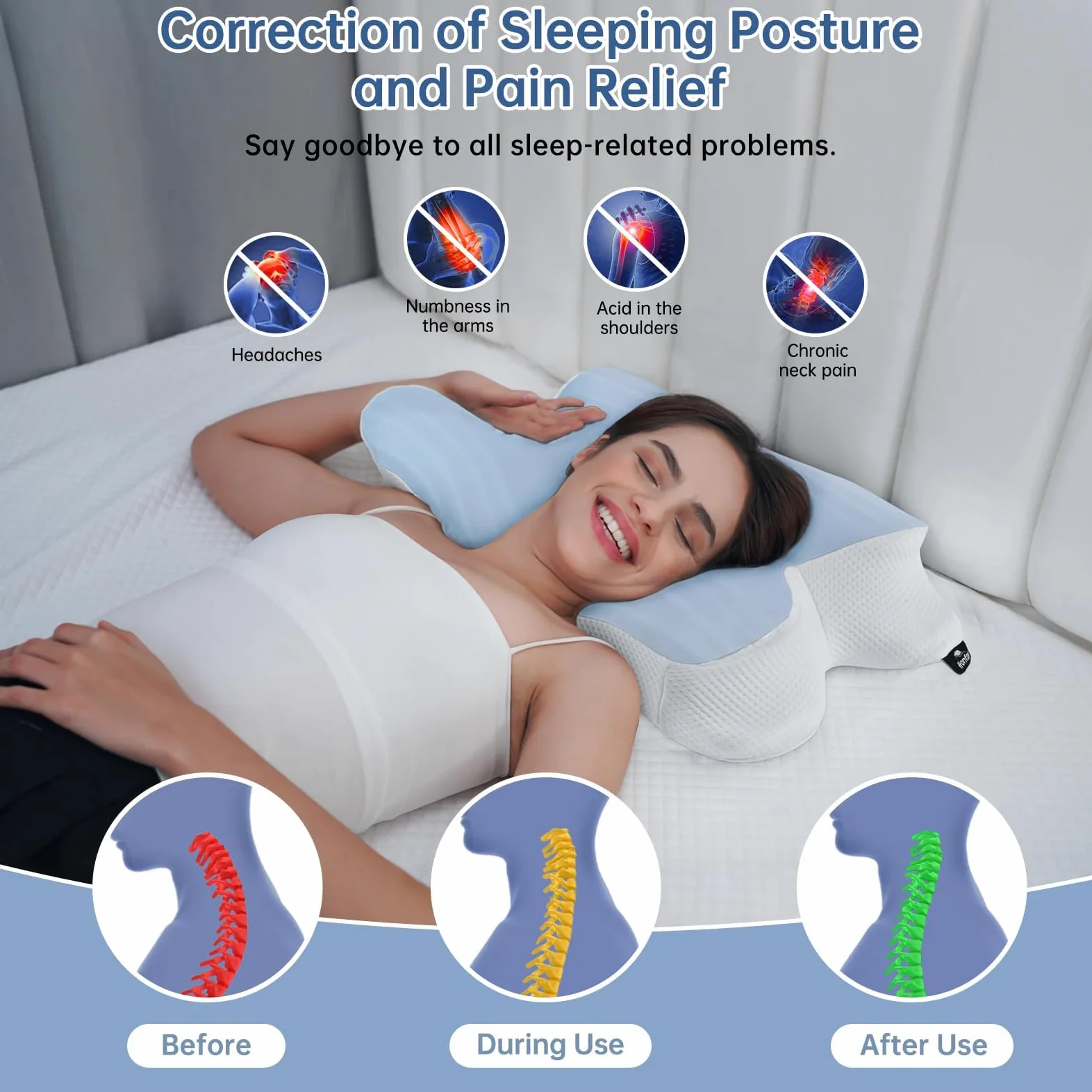Almohadas Cervicales para Dormir, Almohada Ortopédica de Memoria de Forma con Diseño Mariposa, Cojín Ergonómico para Dormir de Lado, Espalda y Boca Abajo, 62 x 42 x 10,5 cm, Azul