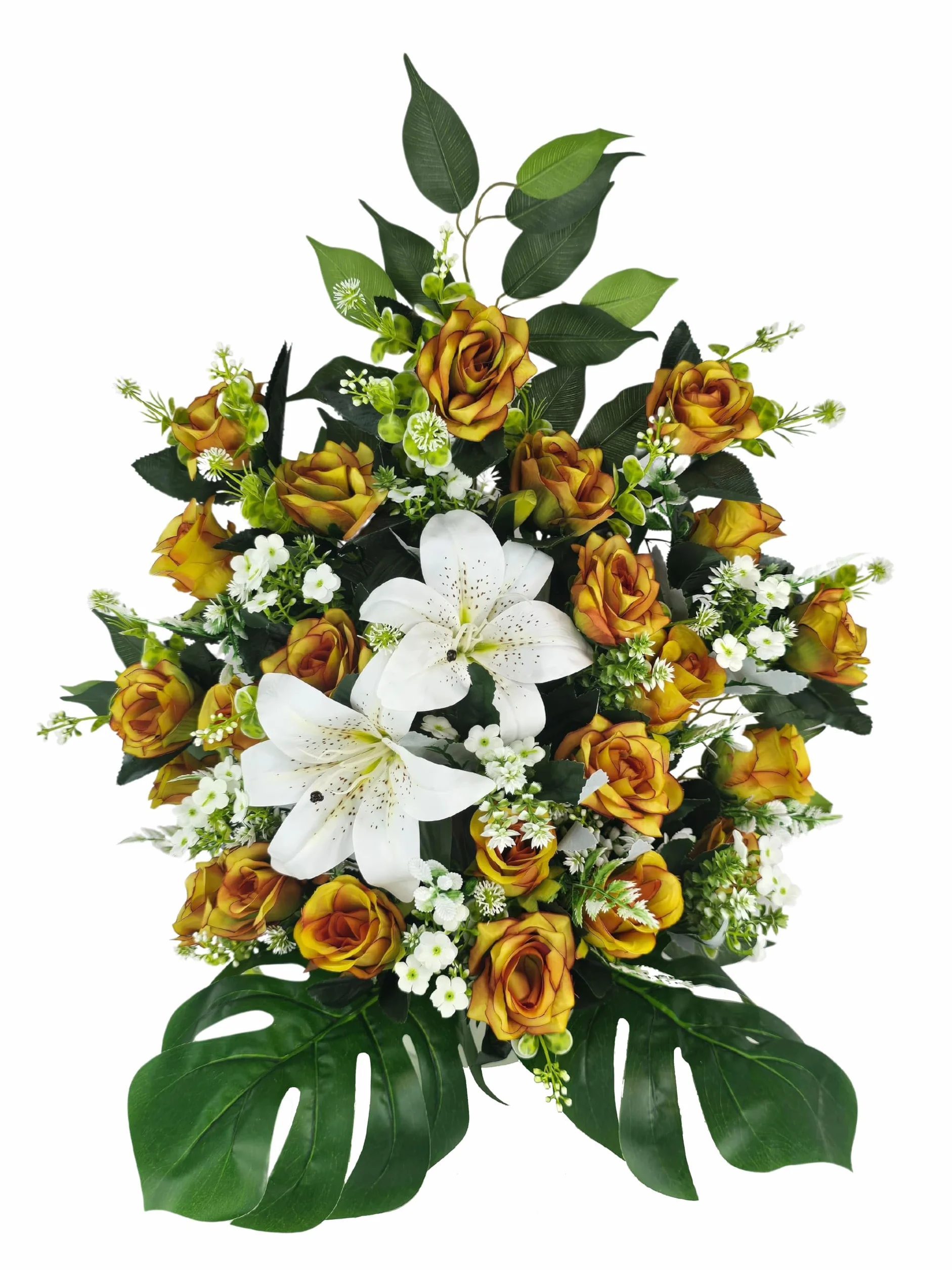 DRW Centro de Flores Cementerio, procesiones, Iglesias Bodas o sepulturas Rosas otoñales y liliums Blancos Artificiales 60x28x56