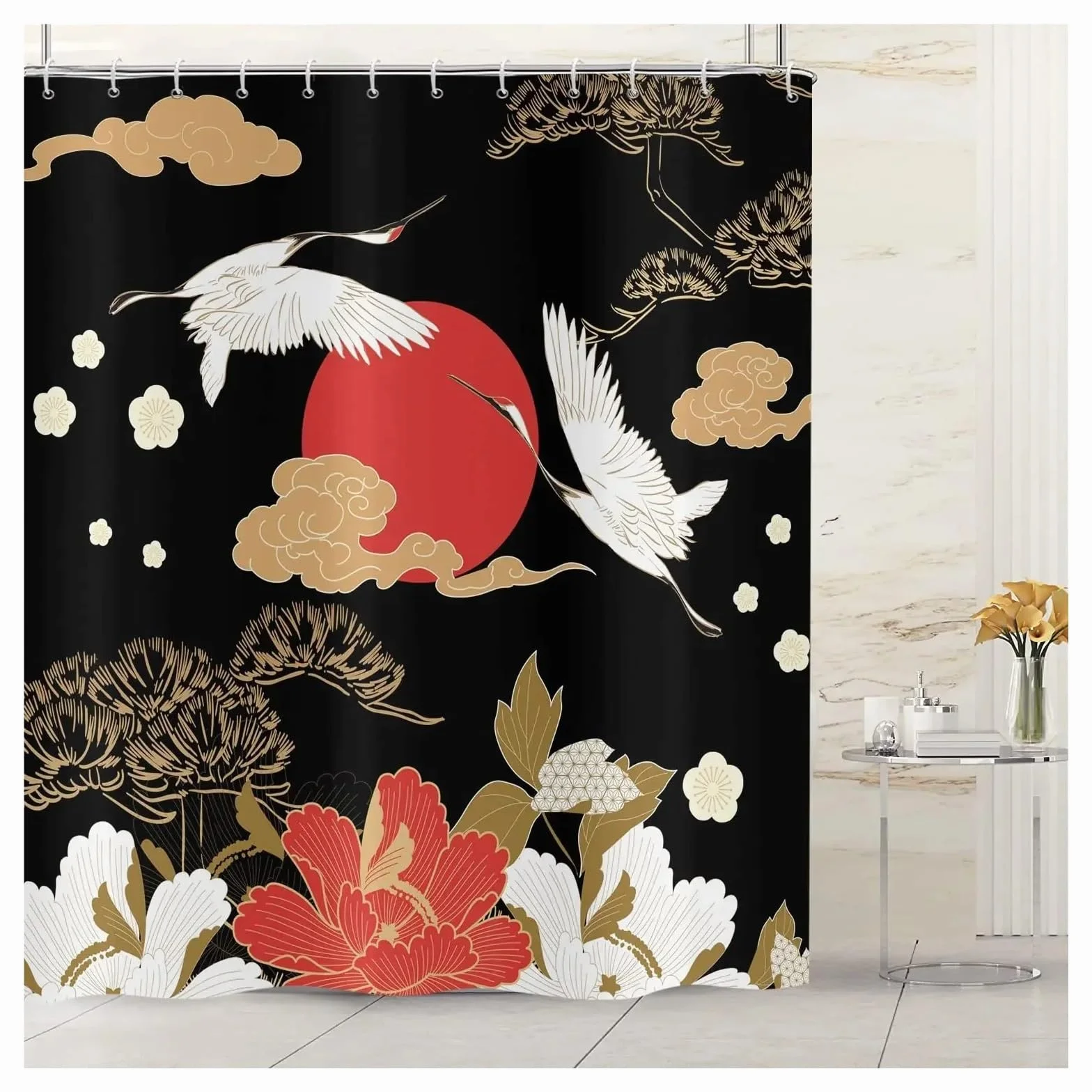 Cortina de Ducha con diseño Tradicional de pinos y grullas Volando, Arte paisajístico, Cortinas de Ducha Impermeables for baño, Ganchos(Color-04,W240xH180cm)