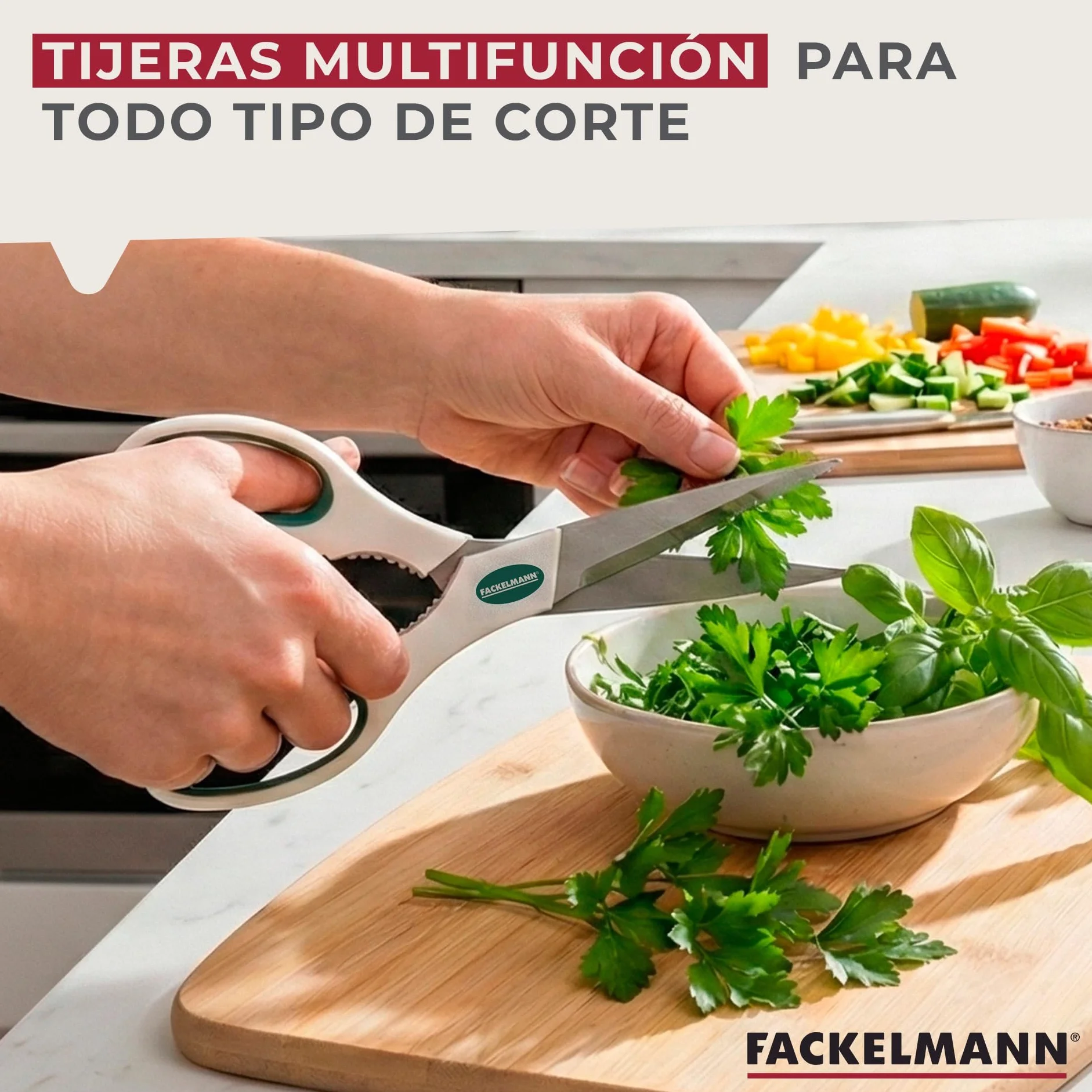 Fackelmann Tijeras Cocina Multifunción de gran tamaño Acero Inoxidable, Polipropileno y Goma, Color Blanco, 22 cm