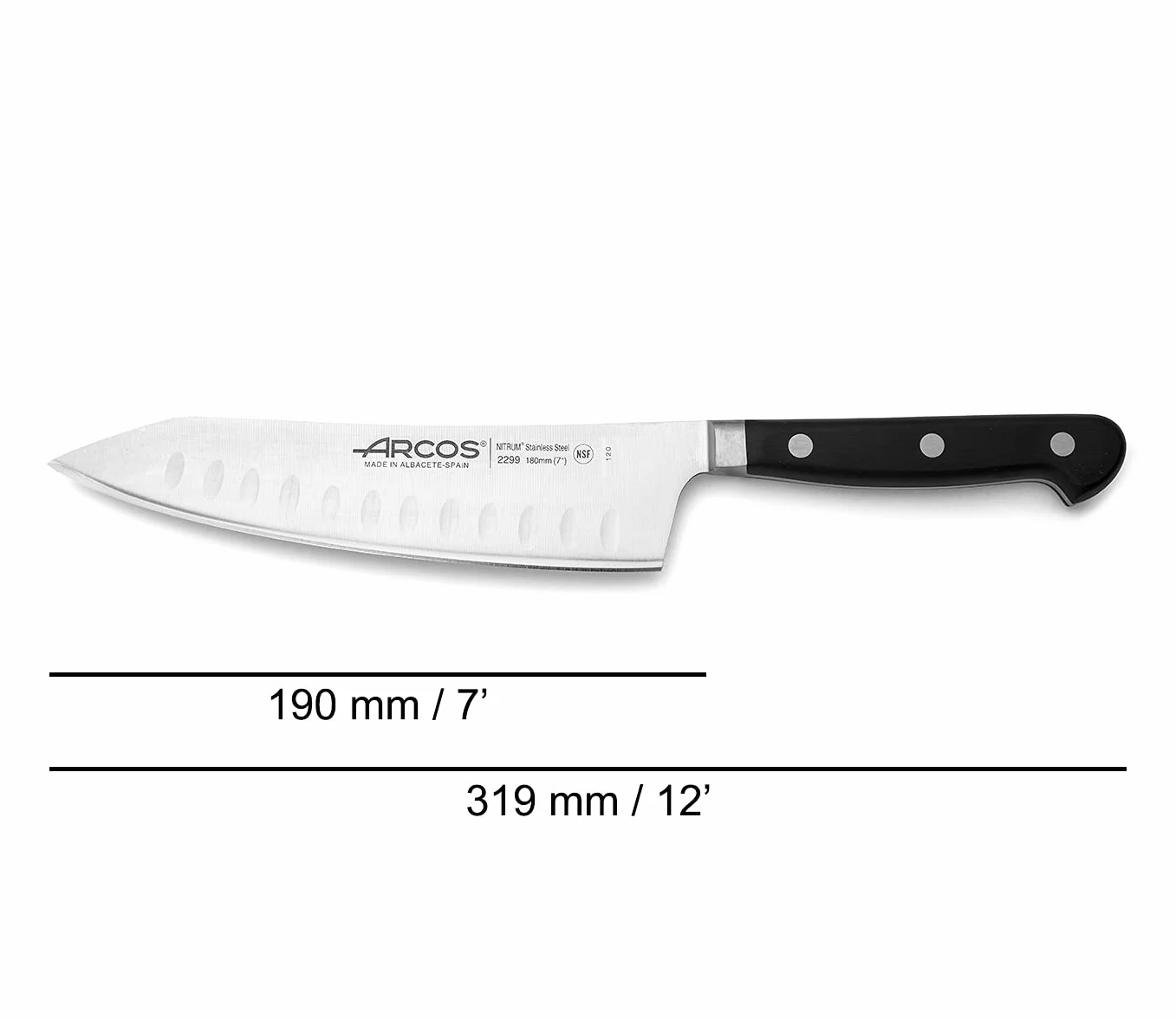 Arcos Cuchillo Santoku Acero Inoxidable Nitrum y Hoja 190 mm. Mango ergonómico polioximetileno POM. Diseño clásico y acabado redondeado gran belleza yolidez. Serie Opera. Color negro.