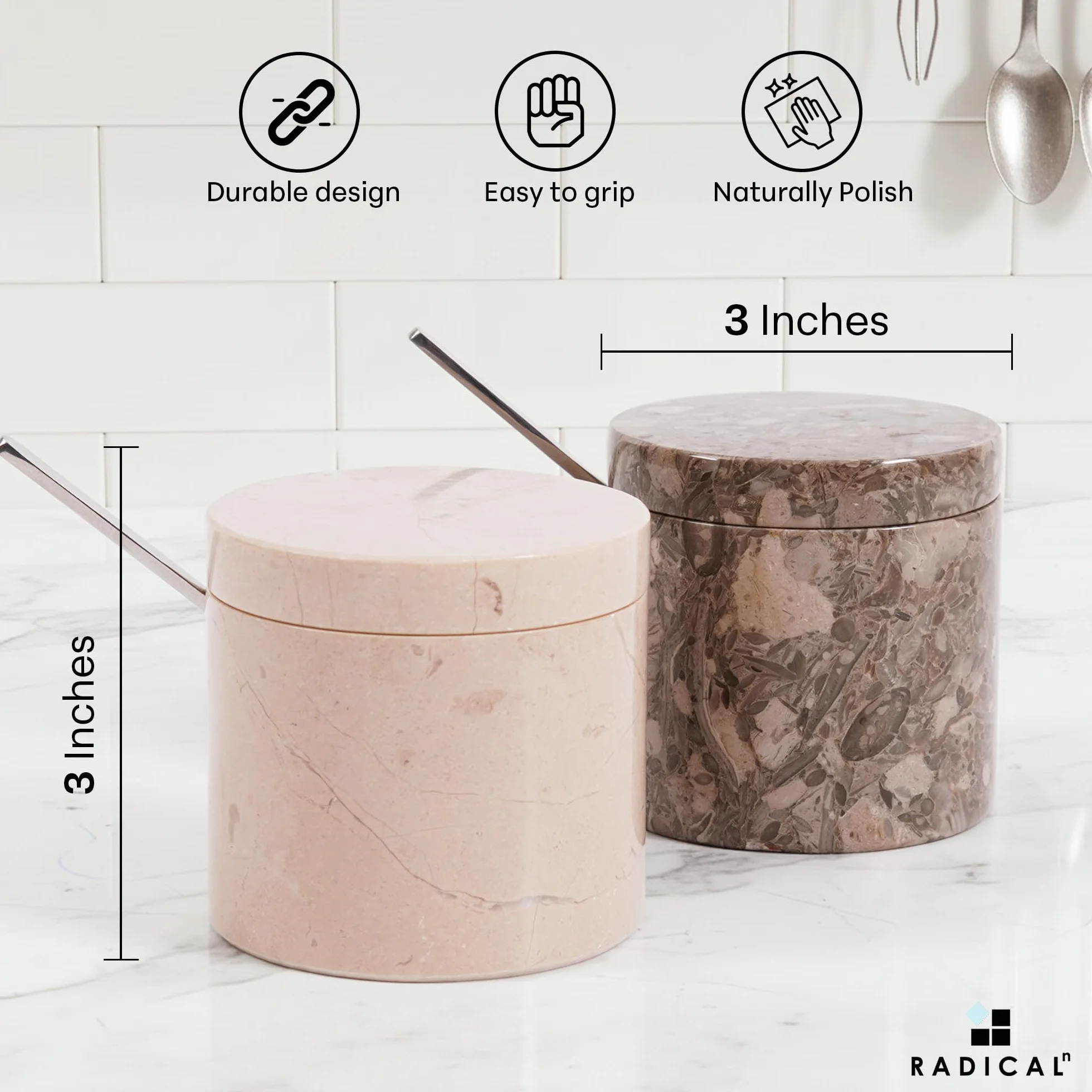 Radicaln Bodega de sal de mármol con tapa y bandeja de 7,6 cm, pulgadas Oceanic & Verona, juego de 2 tarros de condimentos hechos a mano para almacenamiento de cocina