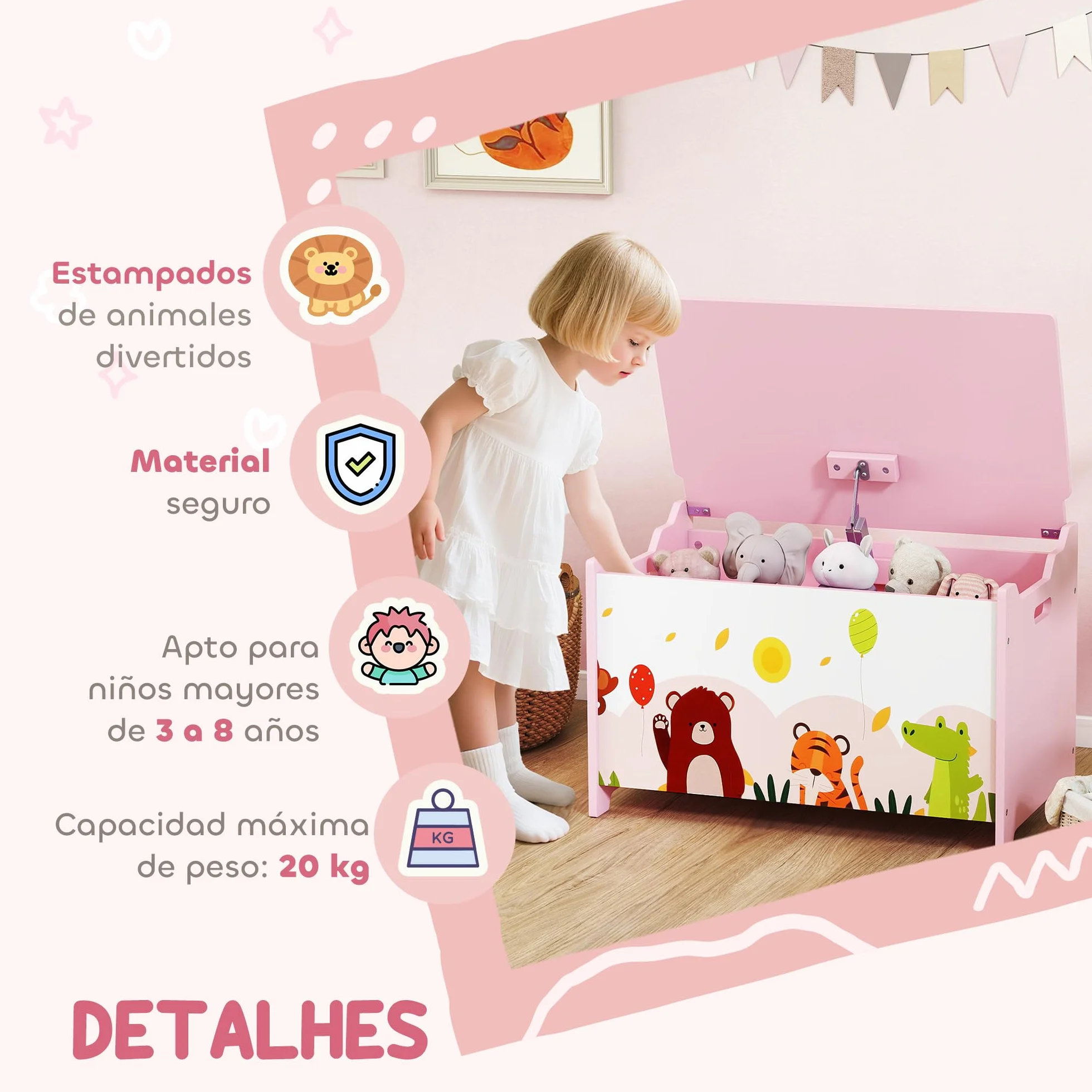 AIYAPLAY Caja de Almacenaje de Juguetes, Baúl Juguetes Infantil, Tapa Abatible con Cierre Suave, Asas, Estampados de Animales, para Libros, Ropa en Dormitorio, Sala de juegos, Guardería, Rosa