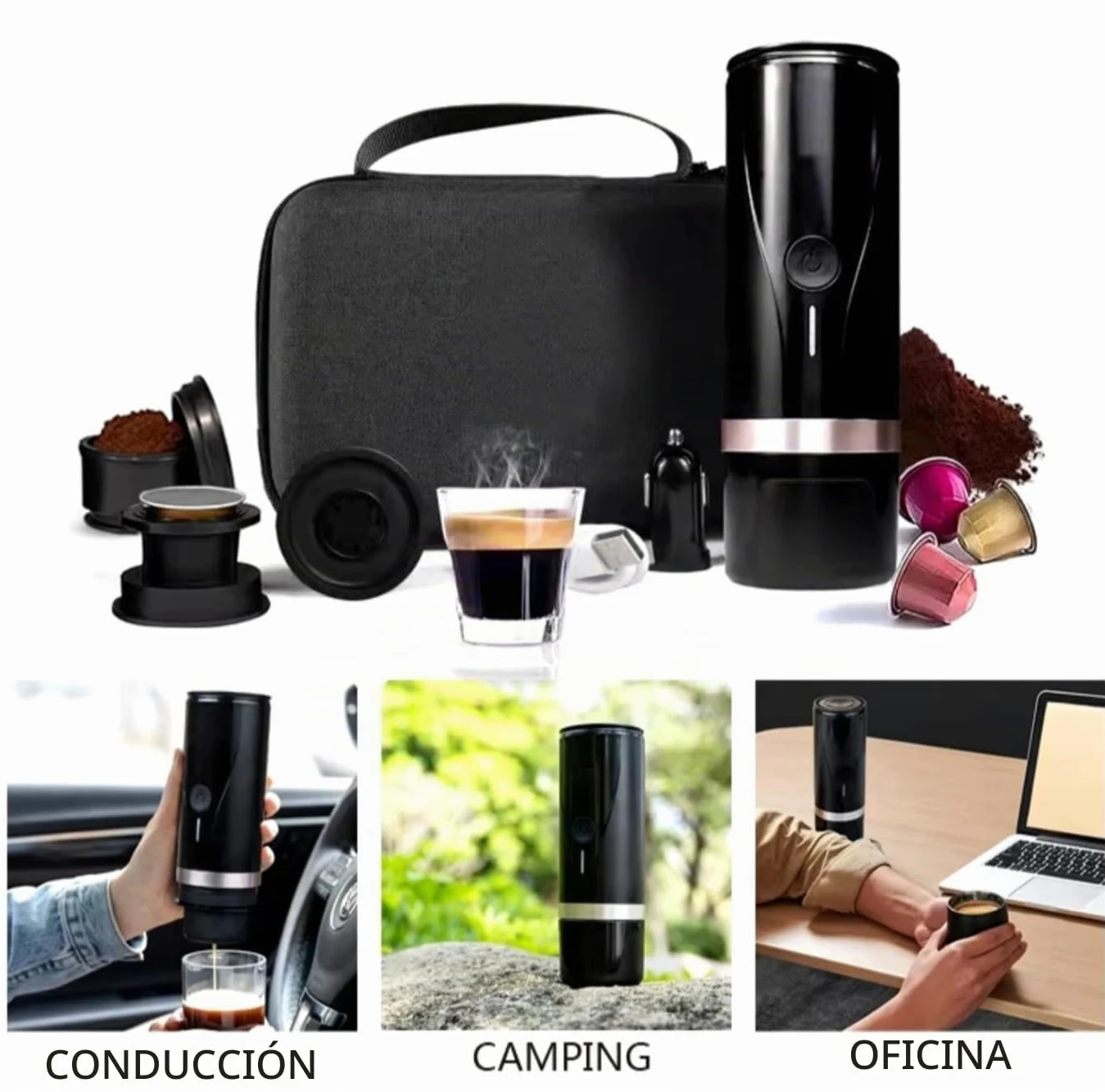 Cafetera portátil Cafetera Superautomática café molido y de Cápsulas NS portátil autocalentadora Regalo Ideal para Amantes del Café Máquina de Café Eléctrica Cafetera Mini (Negra)