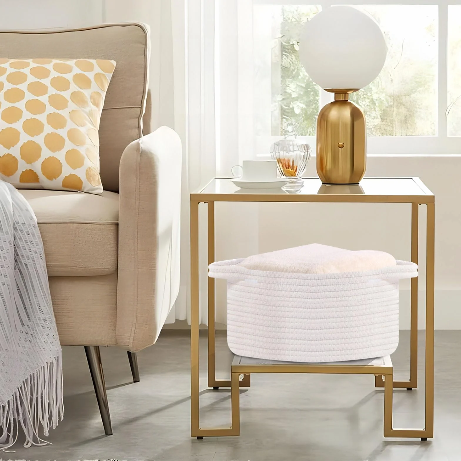 OUTBROS Cestas Almacenaje Tejida Cuerda Algodón Mango Almacenamiento Baño Dormitorio Armario Blanco