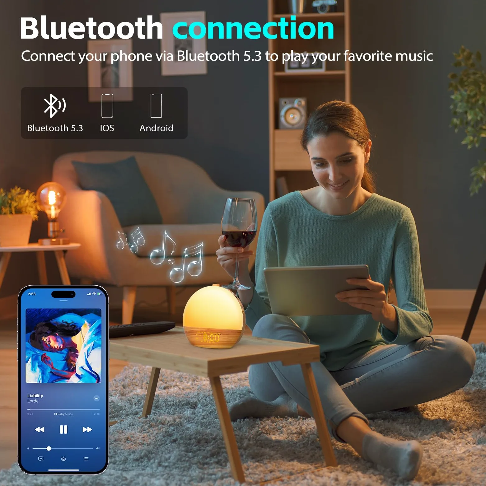 Geuuap Reloj despertador con sonido de grano de madera con sonido blanco con 25 sonidos relajantes, 17 luces nocturnas regulables, altavoz Bluetooth, despertador, para dormitorios, durmientes pesados