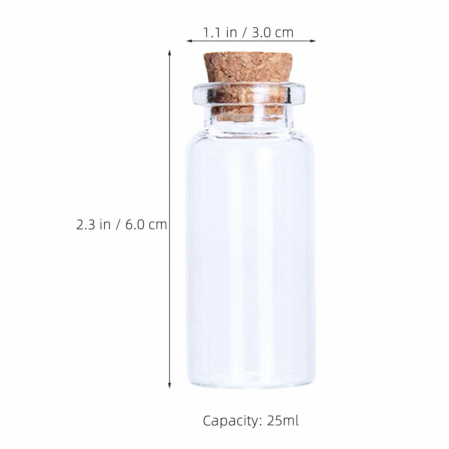 50 mini botellas de vidrio con tapa de corcho - 25 ml/0,8 oz. Pequeños recipientes para manualidades de bodas y fiestas - Botella transparente para mensajes y deseos.