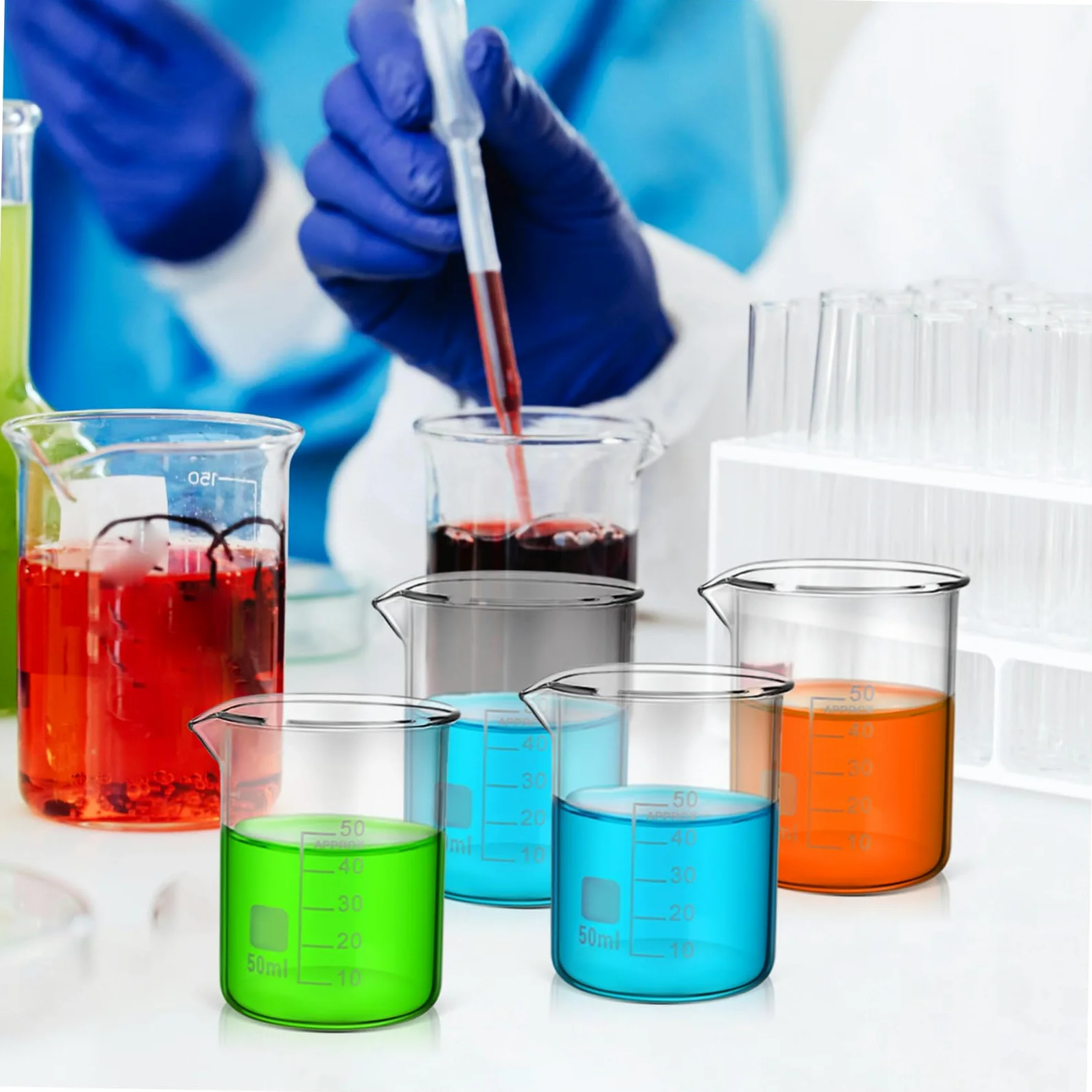 Amosfun Vasos Medidores de Vidrio Transparentes 20 Fáciles de Limpiar y Versátiles de 50ml Ideales para Laboratorio y Uso Científico