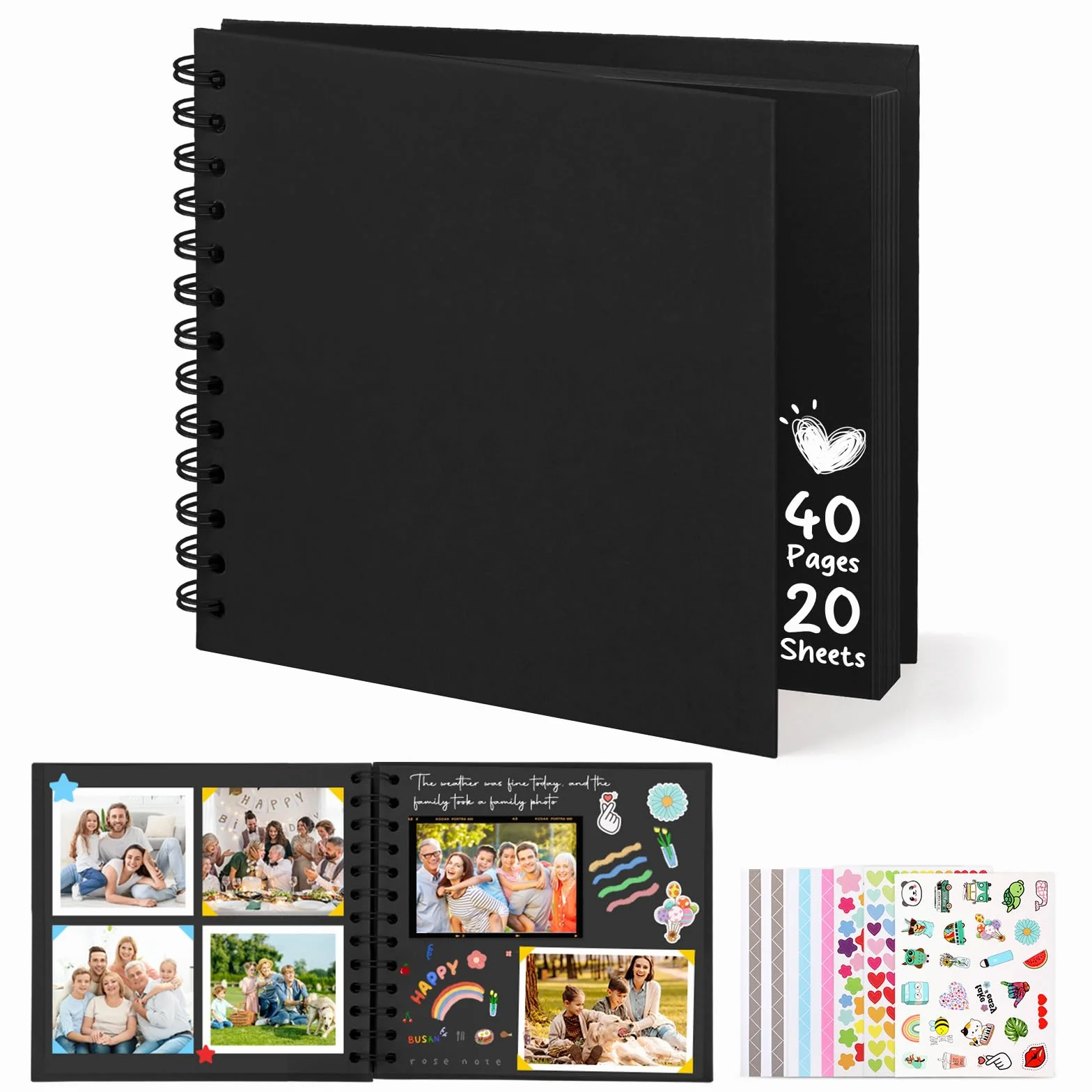 DazSpirit Album Fotos para Pegar y Escribir, 6-pulgadas Album Scrapbook de Recortes de Tapa Dura Cuadrado con 5 Pegatinas, Albunes para Fotos DIY para Bodas, Bebés y Aniversarios, 40 páginas, Negro