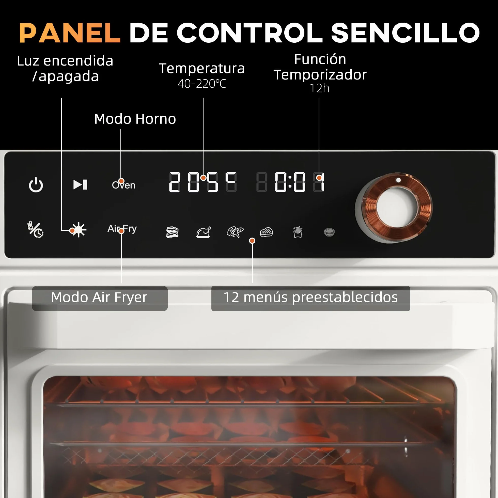 HOMCOM Horno Eléctrico de Sobremesa Horno Sobremesa de 13L 1200W Freidora de Aire con 12 Modos de Calor Temporizador 12 H y Temperatura Regulable hasta 220℃ Blanco