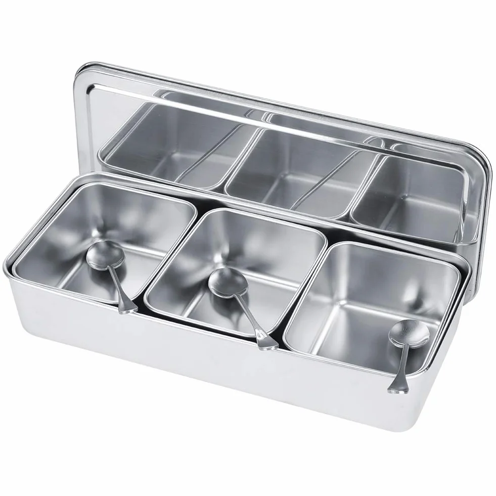 SIXRUN Caja de especias de acero inoxidable, juego de vidrio, tapa de cuchara, 3 rejillas para el hogar, contenedor de especias, cocina, restaurante