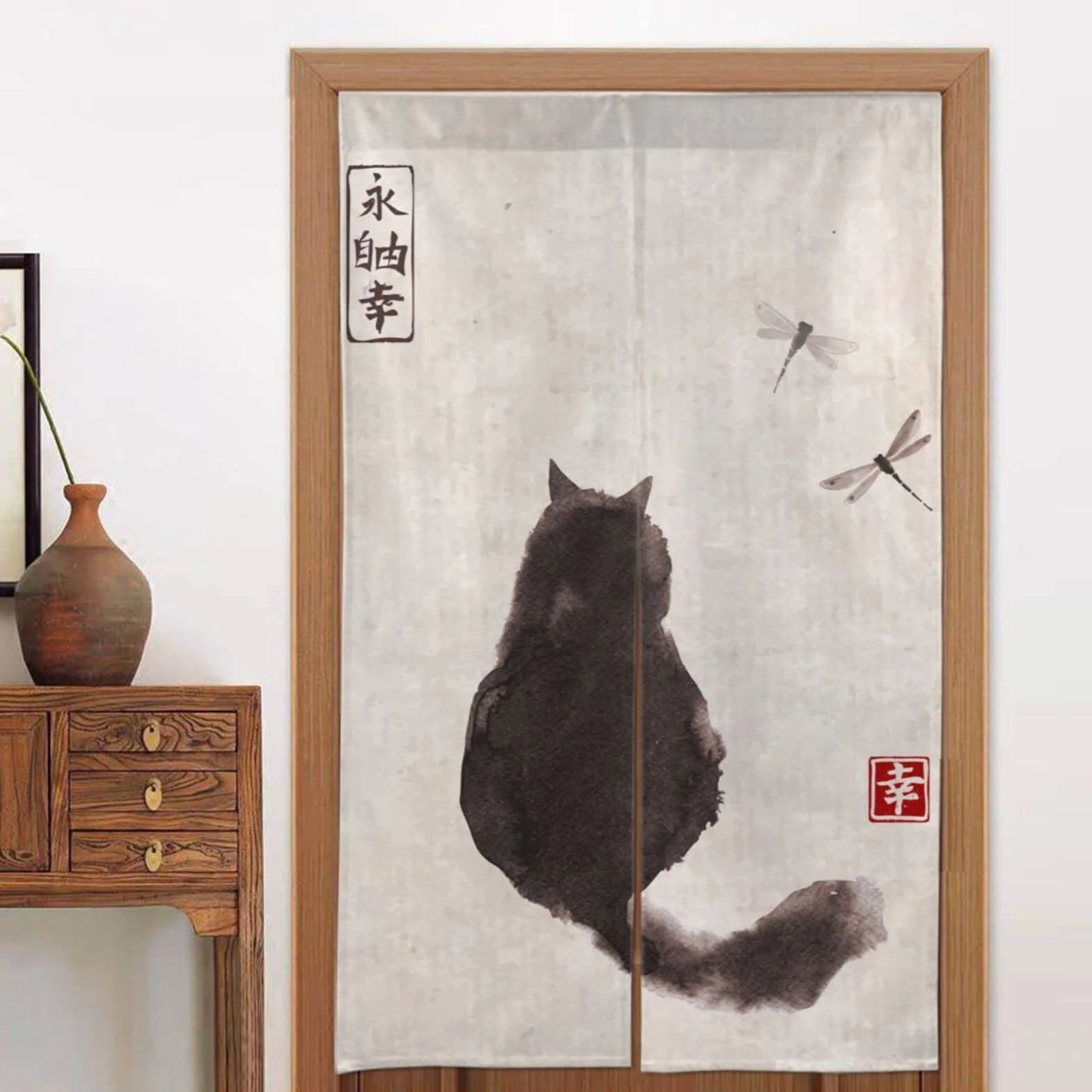 Cortina Japonesa Noren para Puerta, con diseño de Gato y libélula, Pintura de Tinta, para Restaurante, decoración del hogar, Talla única