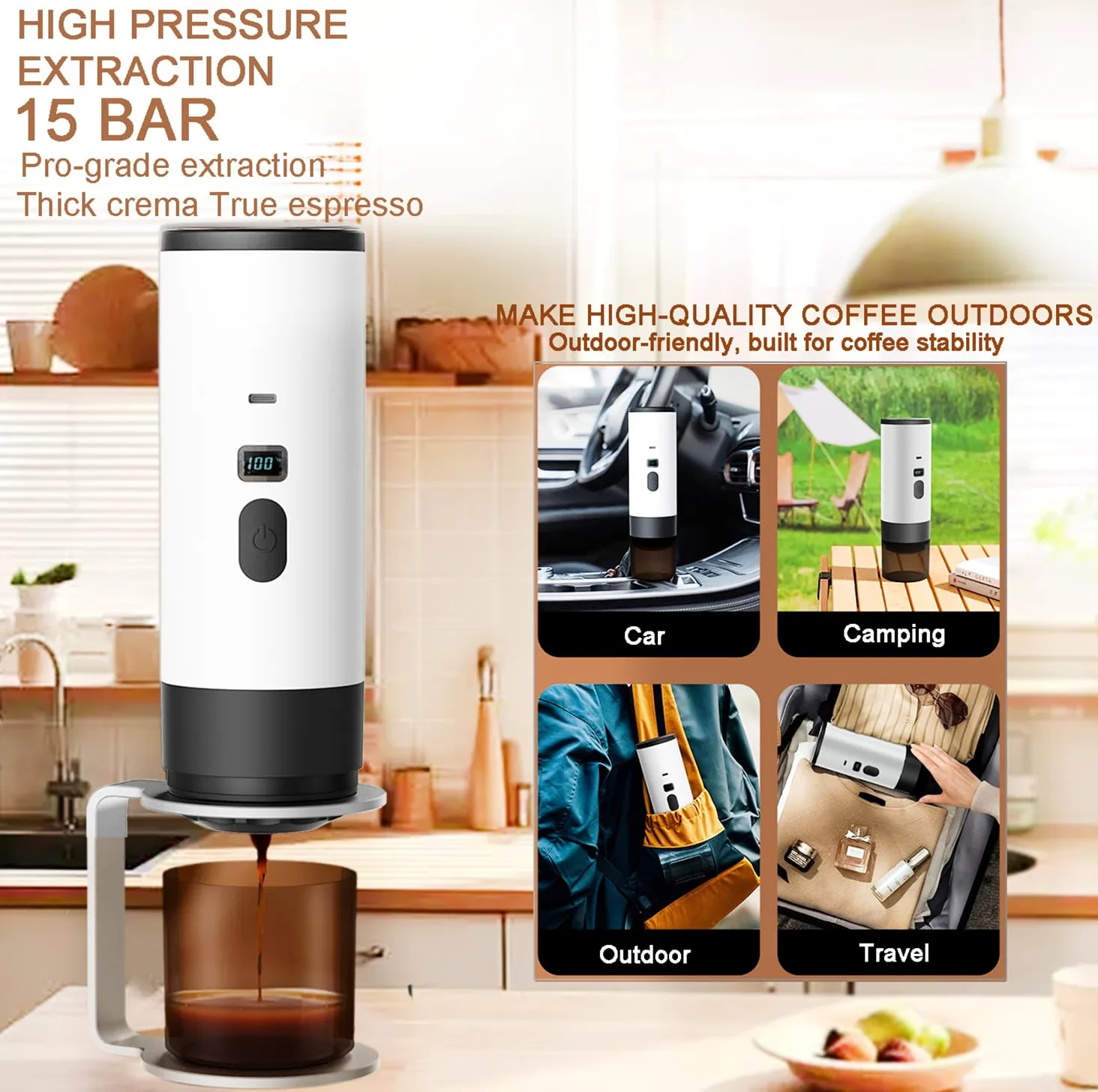 scosao Cafetera Eléctrica Portátil 12 V Cafetera Capsulas, Máquina de Café Espresso Auto-Calentamiento para Camping Coche Viajes Casa, compatible con cápsulas NS y Café Molido