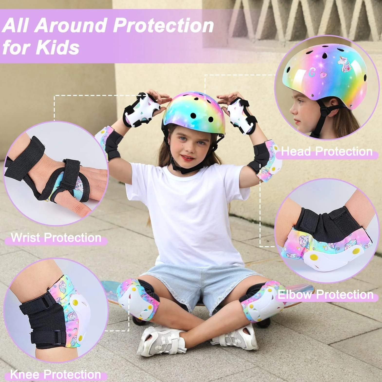 Conjuntos de Patinajes Niños Unicorn Castle Protecciones Patines Niña Ajustables Rodilleras Coderas Skate Bicicleta Monopatín